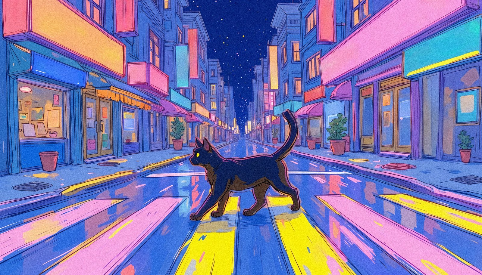 Rengarenk neon ışıklarıyla aydınlanmış, ıslak ve boş bir şehir sokağındaki yaya geçidinden yürüyerek karşıya geçen, sarı gözlü siyah bir kedinin anime tarzı illüstrasyonu. Sokak pembe, mavi ve mor tonlarında ışıldıyor.
