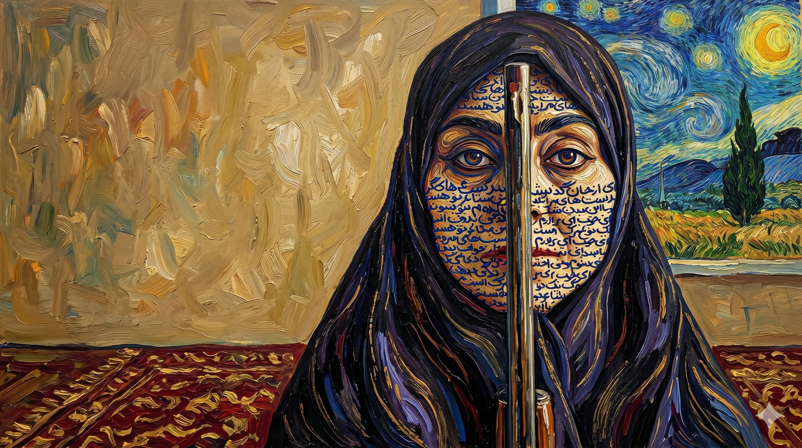 Vincent van Gogh tarzında, yağlı boya dokulu, yatay bir portre tablosu. Ortada, yüzü Farsça hat sanatı (kaligrafi) metinleriyle kaplı ve koyu renkli bir çarşaf giymiş bir kadın figürü yer alıyor. Figürün önünde, dikey duran metalik gri renkli bir tüfek namlusu yüzünü ikiye bölüyor. Kadının derin, hüzünlü ve doğrudan bakan kahverengi gözleri var. Portrenin sağ arka planında, van Gogh'un "Yıldızlı Gece" tablosunu andıran, dönen mavi-sarı bulutlar, hilal şeklinde bir ay ve koyu renkli bir selvi ağacının olduğu bir manzara görülüyor. Sol arka planda ise dokulu, dönen altın-kahverengi fırça darbeleriyle oluşturulmuş bir duvar var. Alt kısımda, karmaşık desenli koyu kırmızı bir halı görülüyor. Işık, figürün yüzünü ve tüfek namlusunu aydınlatarak dokuları belirginleştiriyor.