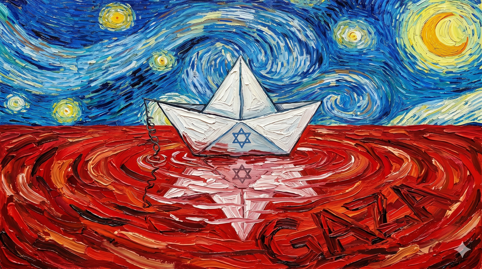 Vincent van Gogh'un "Yıldızlı Gece" eserini andıran, impasto tekniğiyle yapılmış yatay bir yağlı boya tablo. Dönen mavi gökyüzü altında, kırmızı bir nehir üzerinde yüzen beyaz bir kağıt gemi görülüyor. Geminin gövdesinde ve nehrin altındaki yansımasında Mavi Davut Yıldızı sembolü yer alıyor.