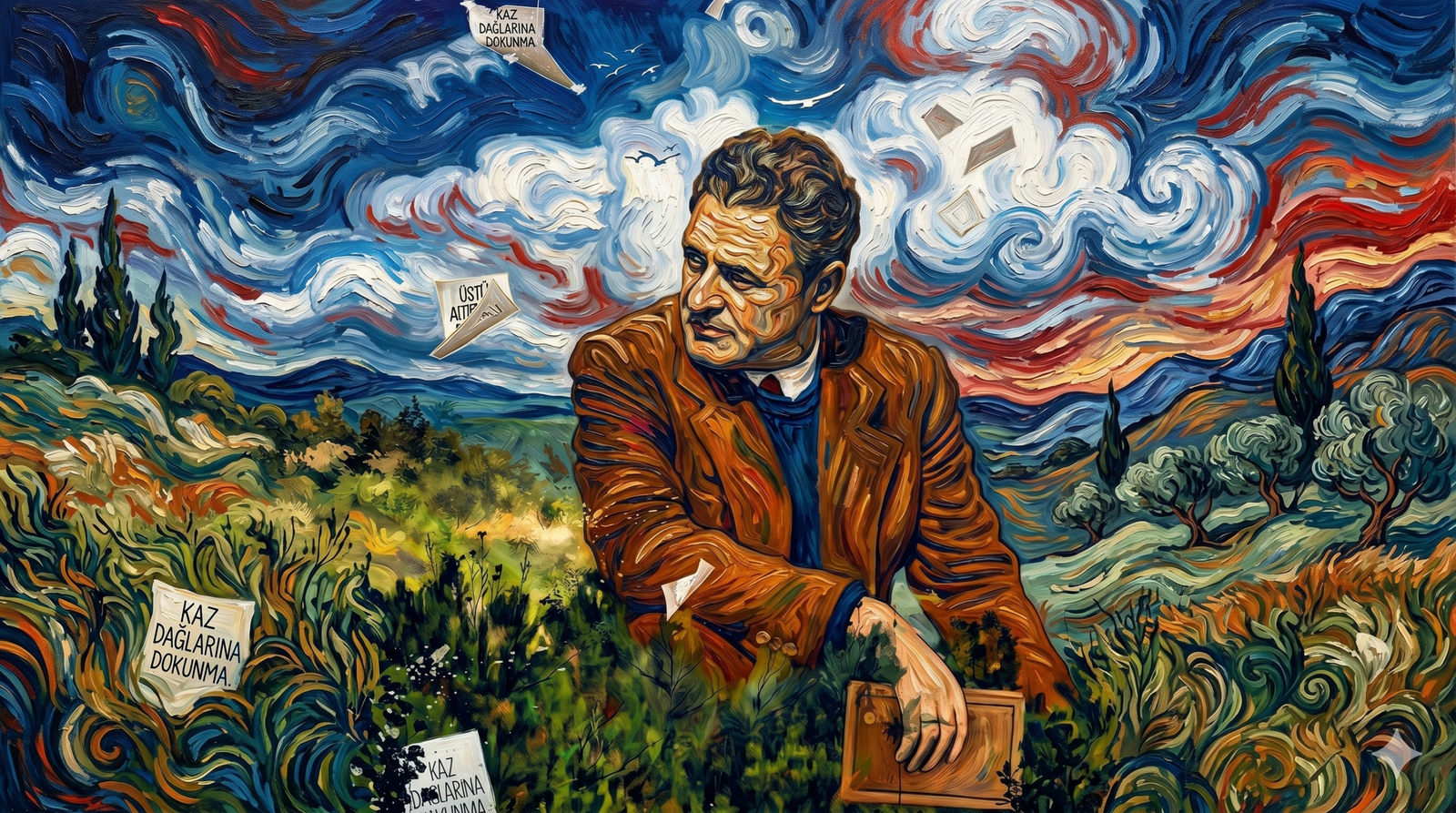 Nazım Hikmet'in Van Gogh'un post-izlenimci tarzıyla yorumlandığı, kalın fırça darbeleri ve dönen bulutlarla bezeli, manzara içinde geçen yatay bir portresi.