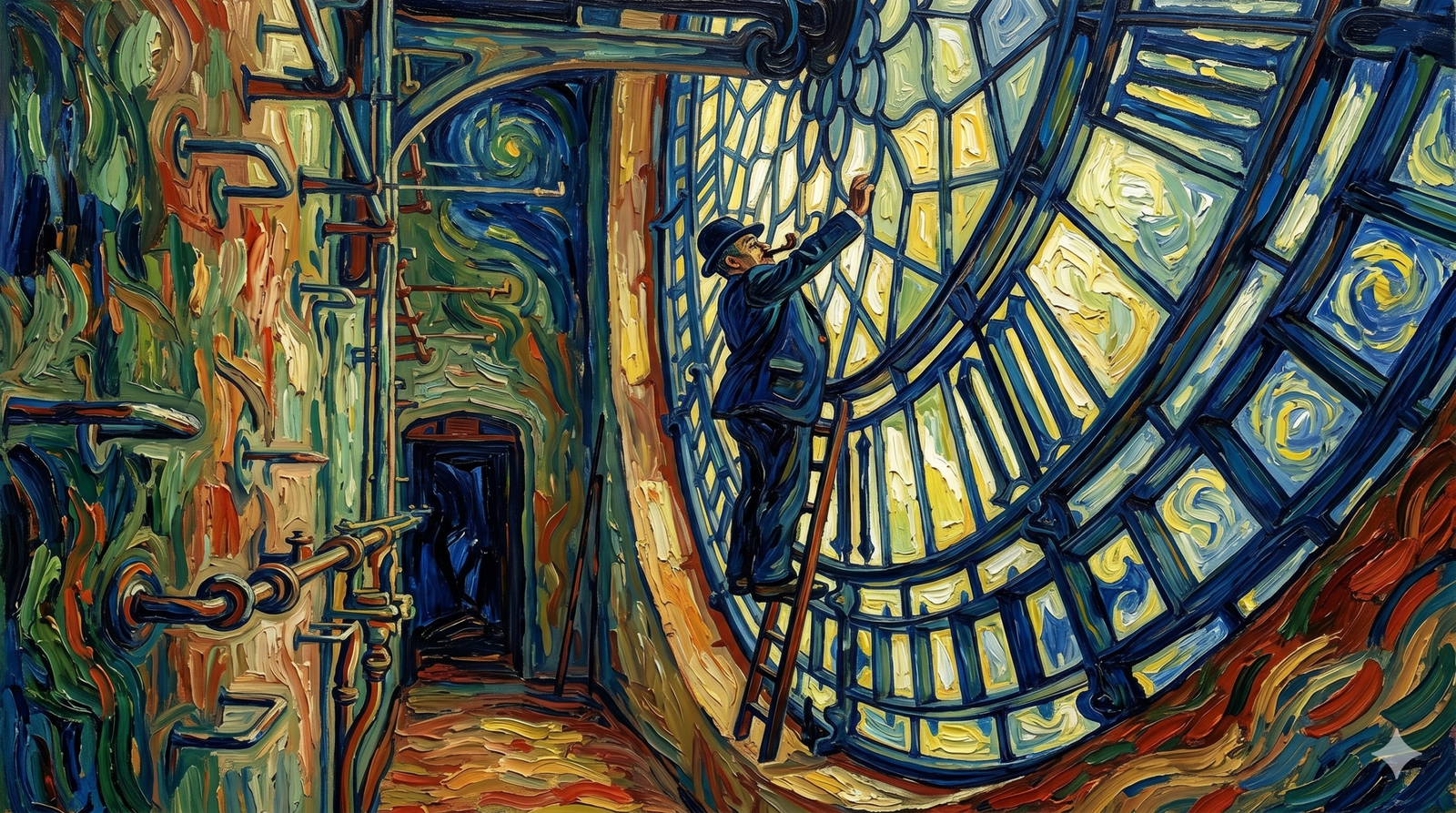 Vincent van Gogh'un post-izlenimci ve impasto fırça darbeleriyle oluşturulmuş, yatay formatta bir yağlı boya tablo. Eser, devasa bir kule saat mekanizmasının içini gösteren sanatsal bir kolaj ve manzara kompozisyonudur. Sol tarafta karmaşık metal borular, dişliler, merdivenler ve karanlık bir geçit yer alırken, sağda Van Gogh'un imza niteliğindeki girdaplı ve mavi tonlardaki 'Yıldızlı Gece' tarzında bir gökyüzü ile selvi ağaçları görülür. Saat mekanizmasının içinde, melon şapkalı ve takım elbiseli bir figür, küçük bir merdiven üzerinde durarak saat yüzünün çarklarıyla uğraşmaktadır.