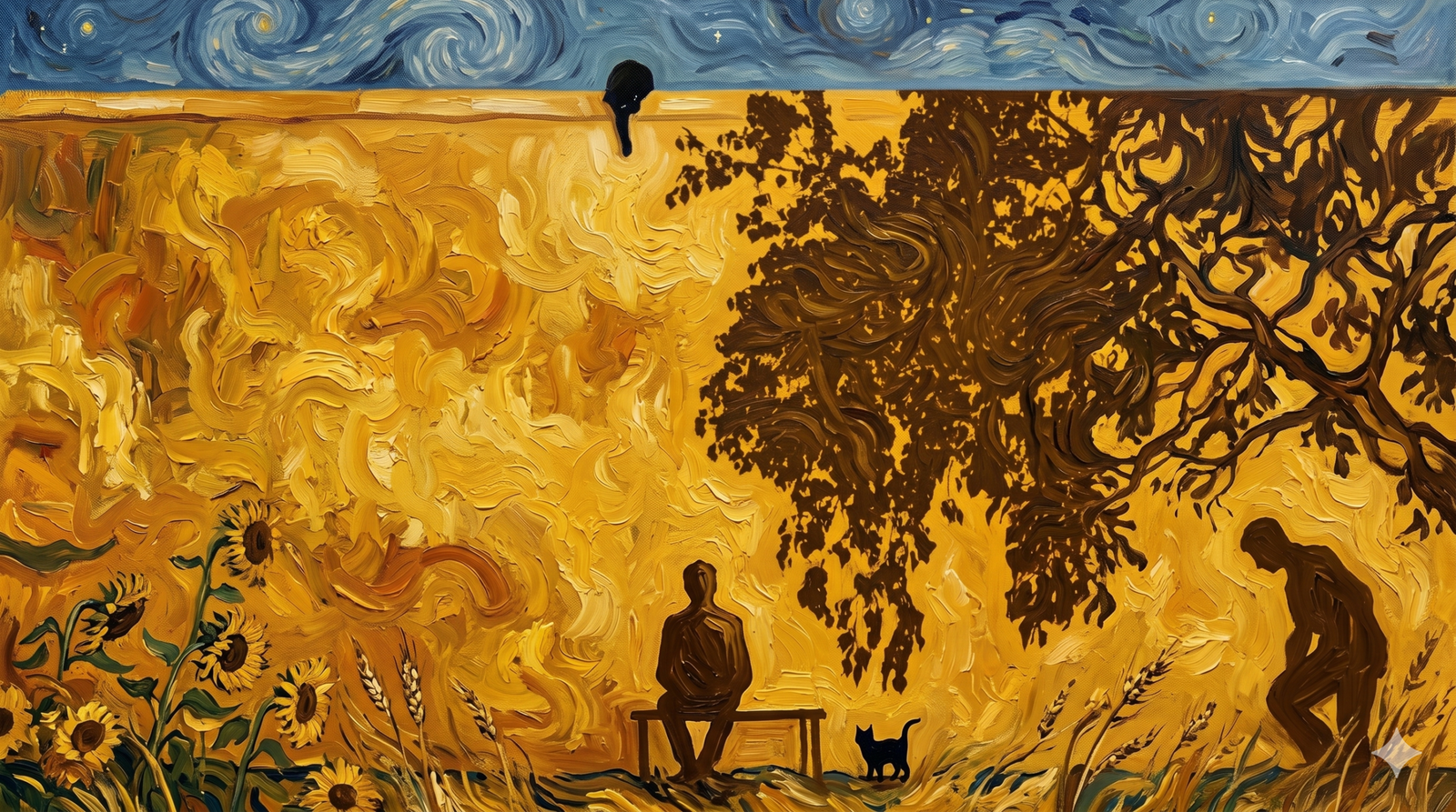 Van Gogh’un "Yıldızlı Gece" stiline benzer, kalın fırça darbeleriyle yapılmış; sarı bir duvar önünde oturan bir adamın gölgesini, yanındaki kediyi ve duvara yansıyan ağaç gölgelerini içeren yatay illüstrasyon.