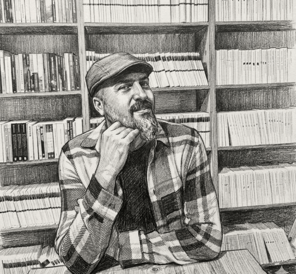 Kütüphanede, rafların önünde oturan, kasketli ve ekose gömlekli bir yazarın karakalem portre çizimi."