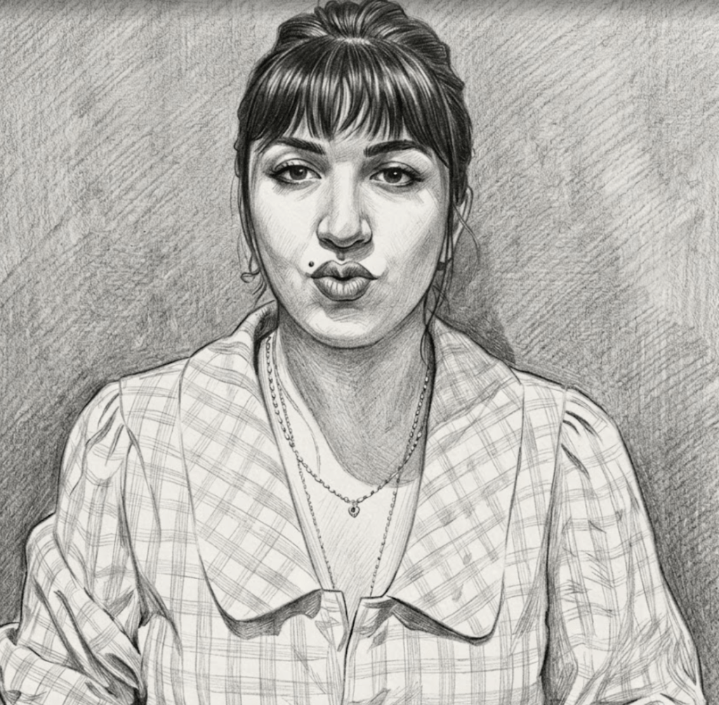 "Ekose desenli yakalı bir bluz giyen, saçları topuz yapılmış ve hafifçe kameraya bakan genç bir kadının karakalem portre çizimi."