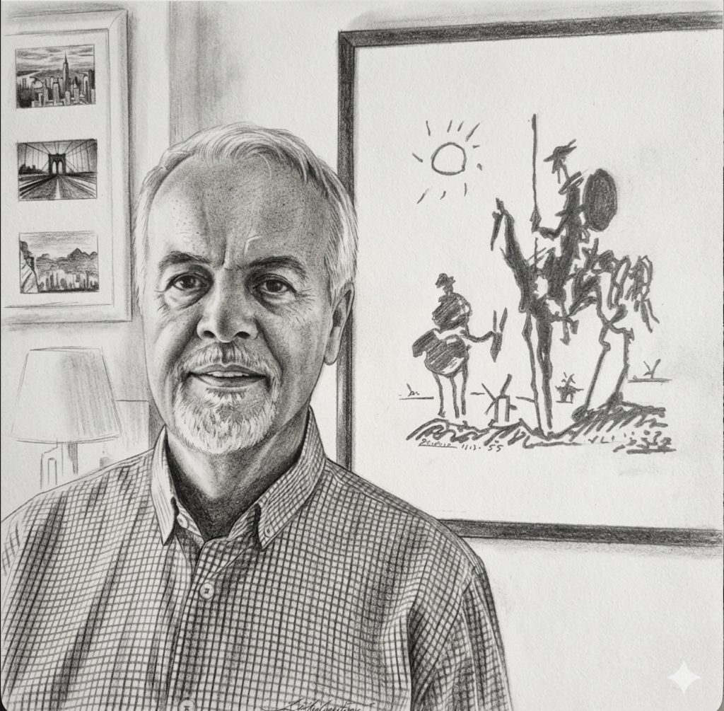 "Arka planında Picasso’nun Don Kişot çizimi olan bir tablolu duvar önünde duran, ekoseli gömlekli, sakallı bir beyefendinin kara kalem portresi."