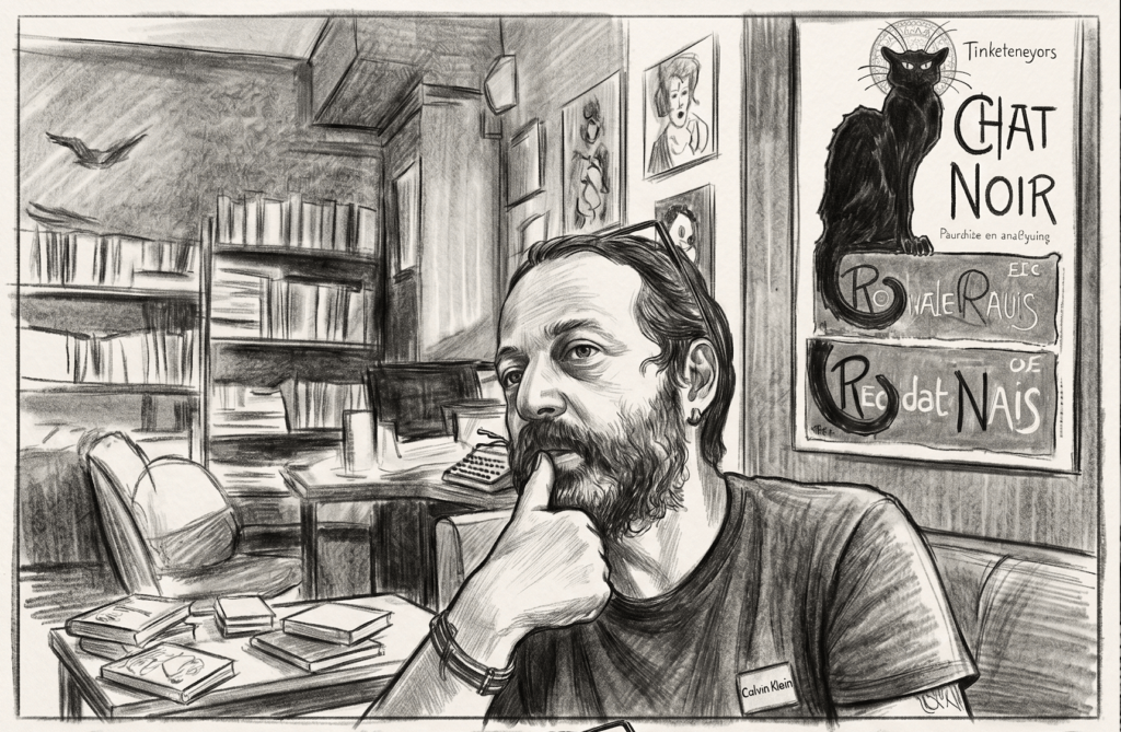 "Kütüphane benzeri bir odada, duvarda 'Chat Noir' posteri önünde oturan, sakallı ve düşünceli bir adamı betimleyen kara kalem çizim."
