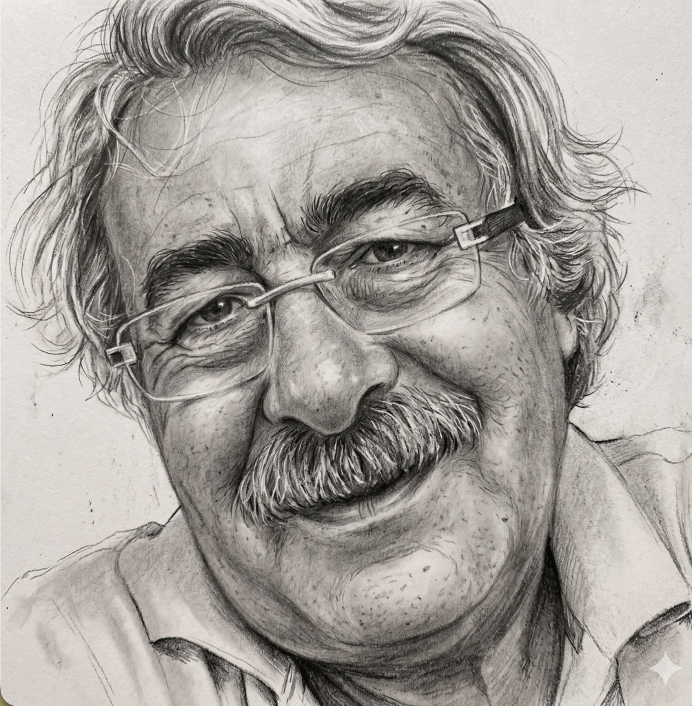 "Gözlüklü, bıyıklı ve gür saçlı bir beyefendinin içten gülümseyen, detaylı kara kalem portre çizimi."