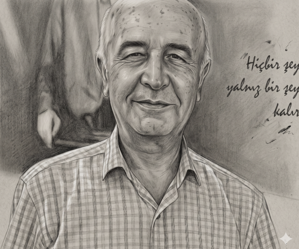 "Gülümseyen, kareli gömlekli orta yaşlı bir adamın portresini gösteren kara kalem çizim; arka planda kısmen görünen yazı detayıyla birlikte."
