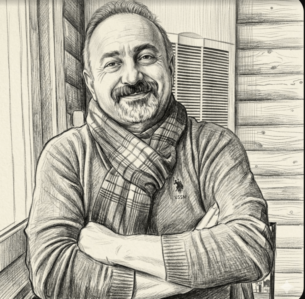 "Kırmızı ekoseli atkı takmış, kolları kavuşmuş şekilde gülümseyen sakallı bir adamın kara kalem portre çizimi."