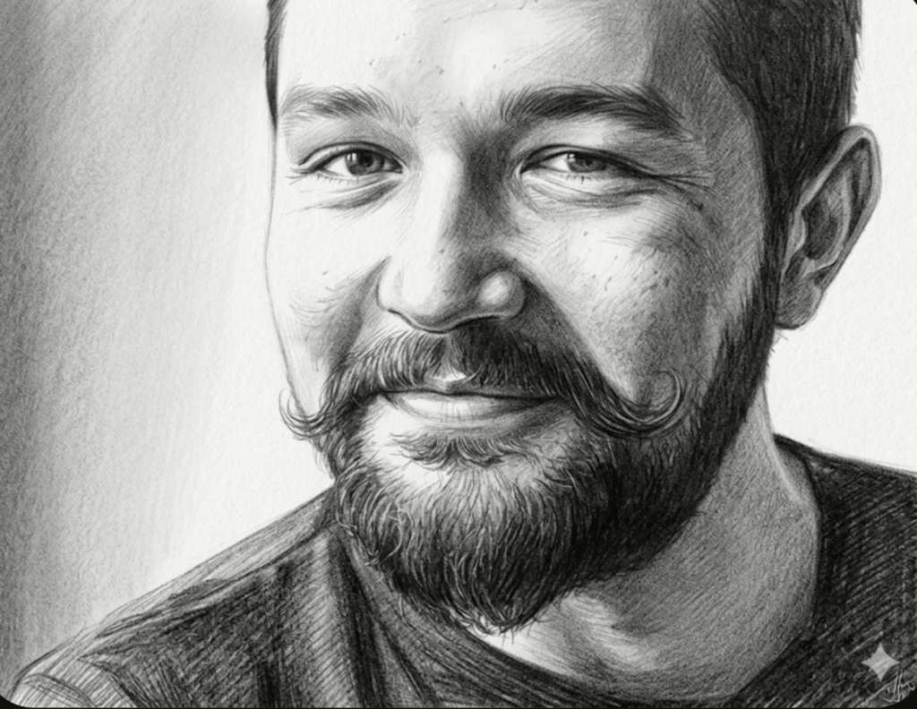 "Hafif gülümseyen, sakallı ve bıyıklı genç bir adamın yüzüne odaklanan detaylı kara kalem portre çizimi."
