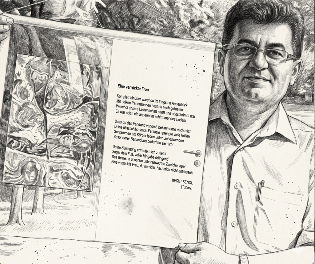 "Edebiyat etkinliğinde elinde üzerinde Almanca şiir ve sanat çalışması bulunan bir afiş tutan gözlüklü bir adamın kara kalem portre çizimi."