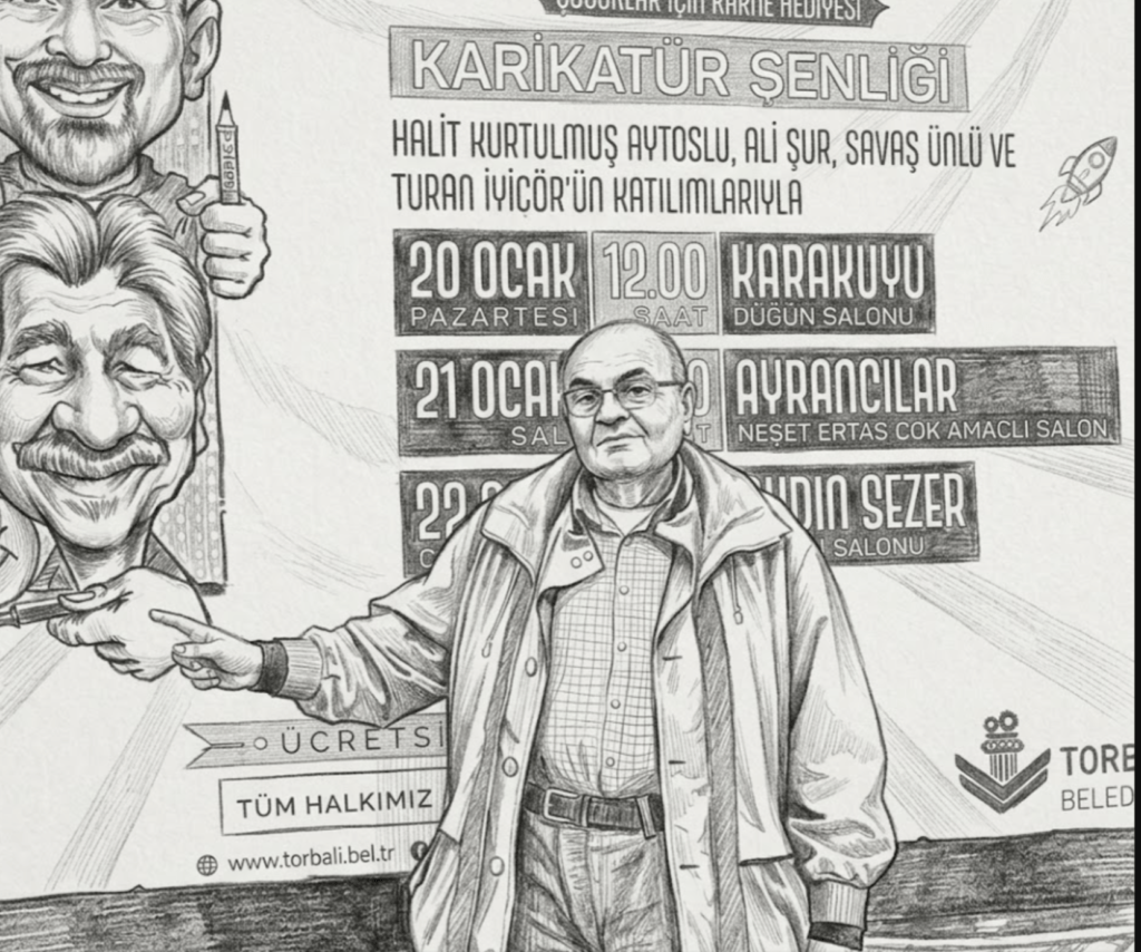 "Bir etkinlik afişinin önünde duran gözlüklü bir beyefendinin kara kalem tarzında çizilmiş portresi. Afişte 'Karikatür Şenliği' ve etkinlik detayları yer almaktadır."