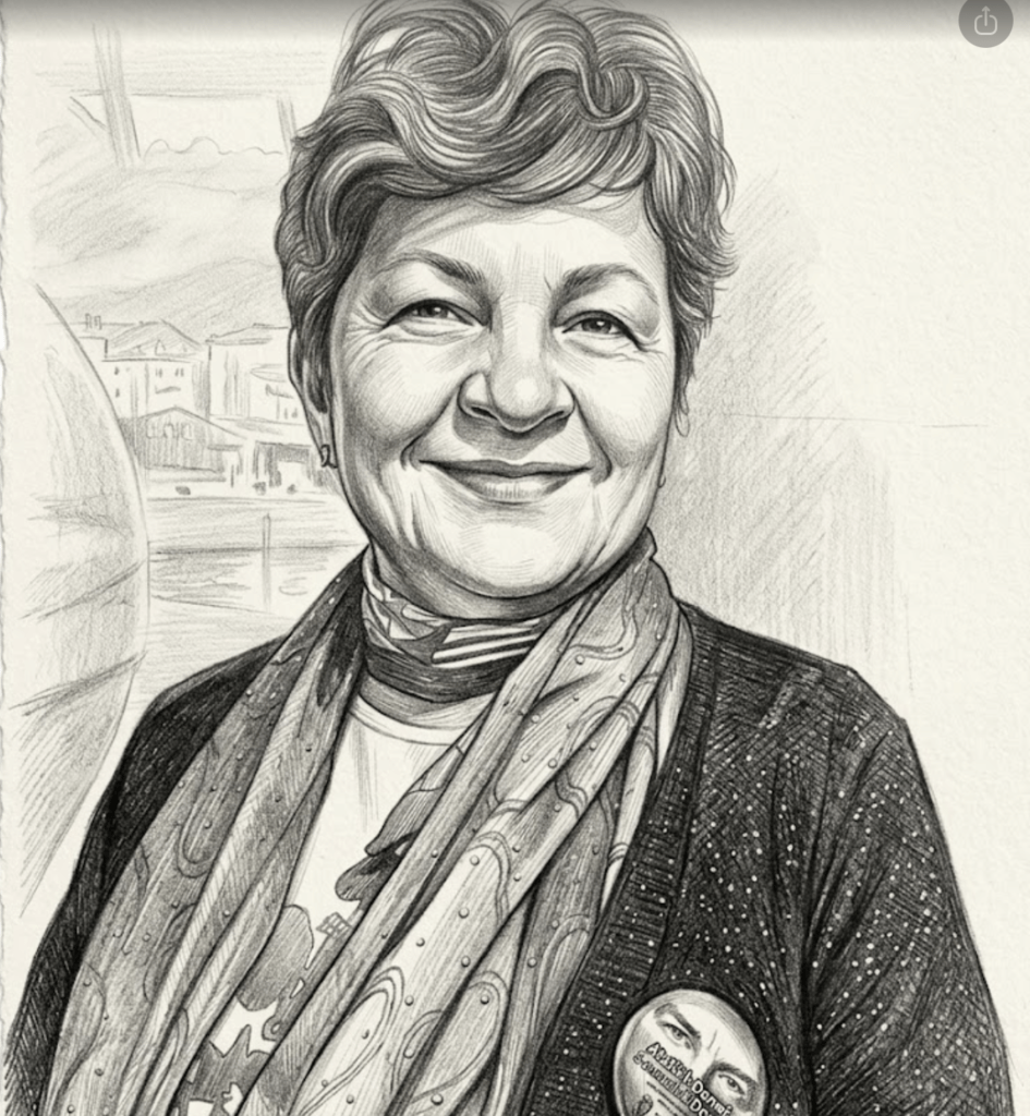 "Yakasında Atatürk rozeti bulunan, gülümseyen, kısa saçlı bir kadının kara kalem tarzında çizilmiş portresi."