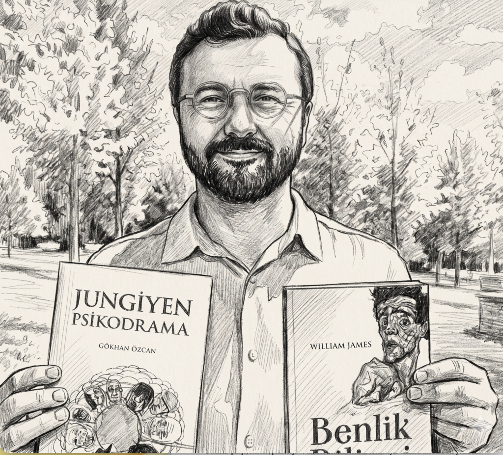 "Gözlüklü ve sakallı bir erkeğin elinde 'Jungiyen Psikodrama' ve 'Benlik Bilinci' adlı kitapları tutarken çekilmiş kara kalem tarzında çizilmiş portresi."