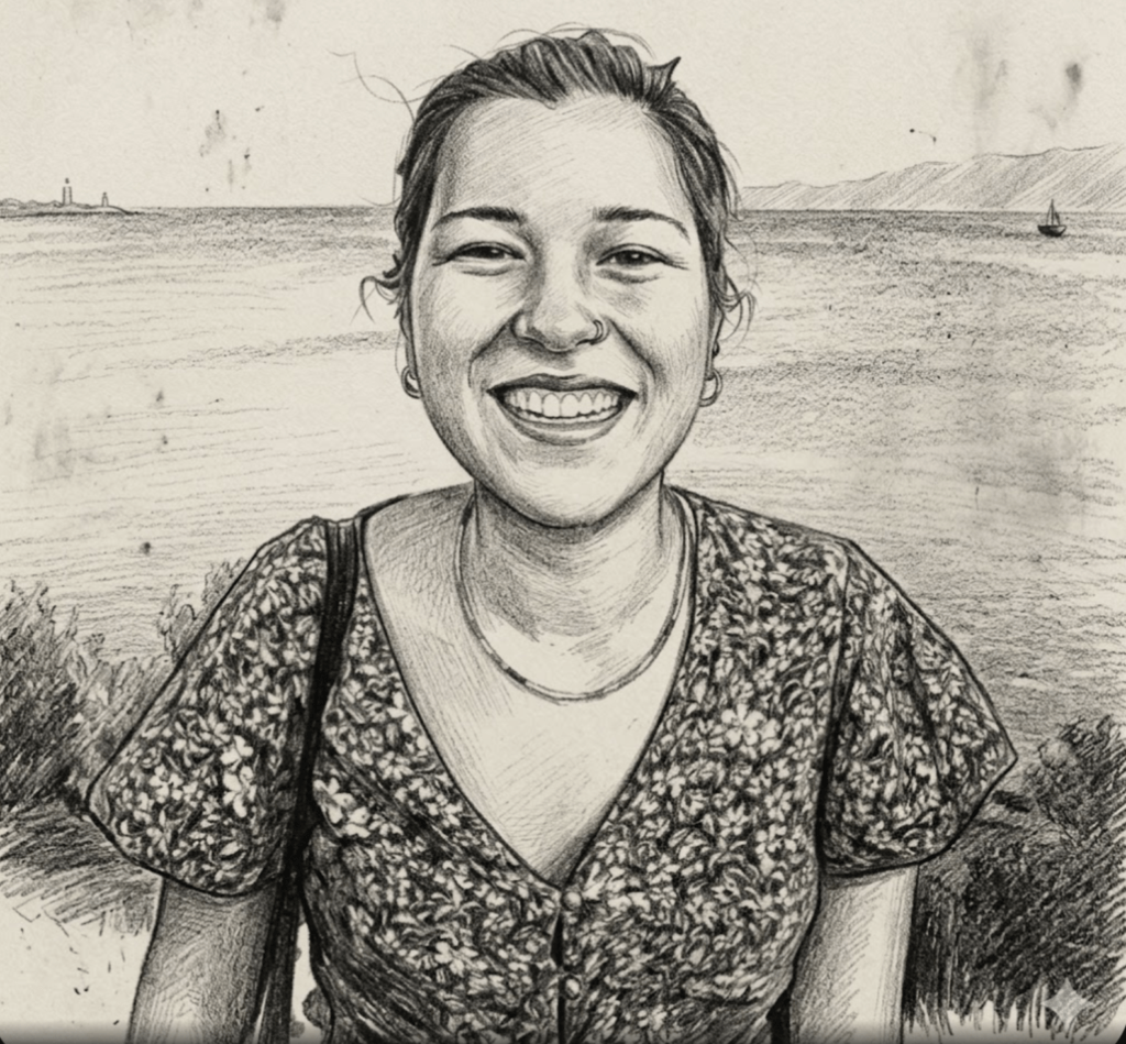 "Deniz kıyısında gülümseyen genç bir kadını tasvir eden, kara kalem çizim tarzında yapılmış portre çalışması."