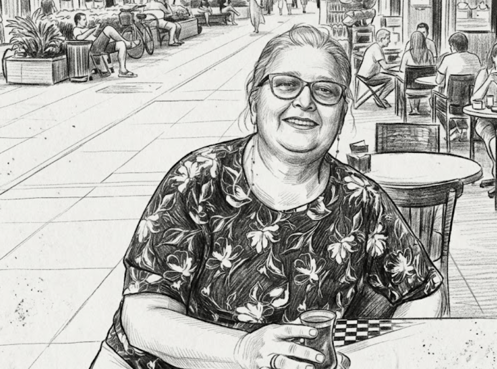 "Hareketli bir cadde üzerindeki kafede oturan, elinde ince belli çay bardağı tutan ve gülümseyen bir kadını gösteren kara kalem çizim."