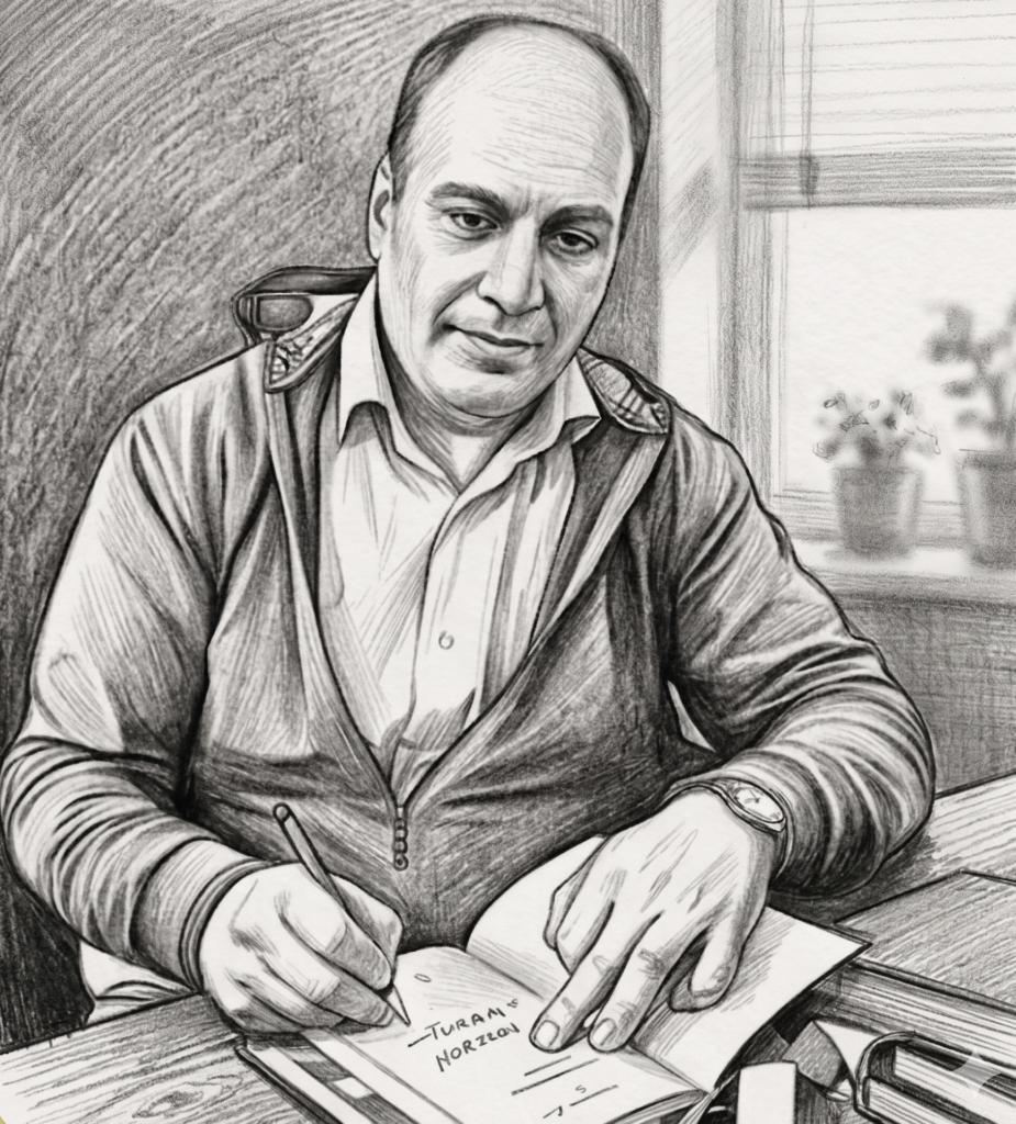 Masanın başında oturan, kitap imzalayan, karakalem çizim tekniğiyle yapılmış yazar