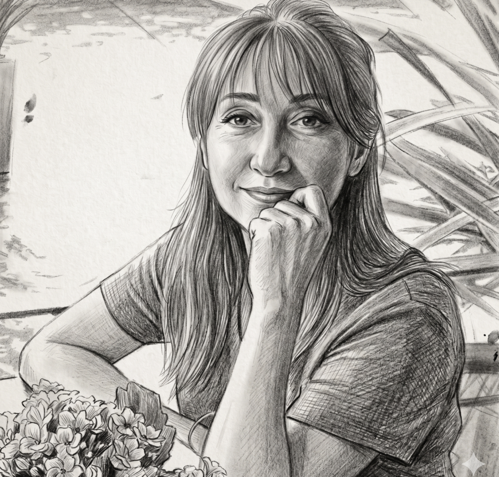 Masa başında oturan, elini çenesine dayamış, gülümseyen bir kadının detaylı bir karakalem çizimi. Önünde ve arkasında bitki örtüsü ve su kenarı manzarası.