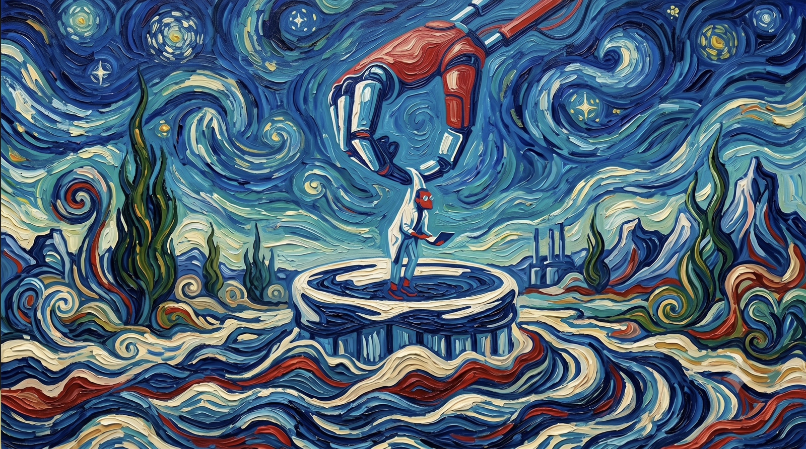 Vincent van Gogh'un Yıldızlı Gece tarzında, kalın ve dalgalı yağlı boya fırça darbeleriyle yapılmış yatay bir illüstrasyon. Gökyüzünde girdaplar oluşturan mavi ve sarı tonlar, yerde ise fırtınalı deniz dalgaları yer alıyor. Merkeze yakın bir yerde, devasa, mekanik, kırmızı ve metalik bir robot eli, beyaz önlüklü ve gözlüklü, elinde dizüstü bilgisayar tutan bir bilim insanını havada tutuyor. Bilim insanı, altındaki dairesel ve fütüristik bir platformun üzerinde asılı duruyor."