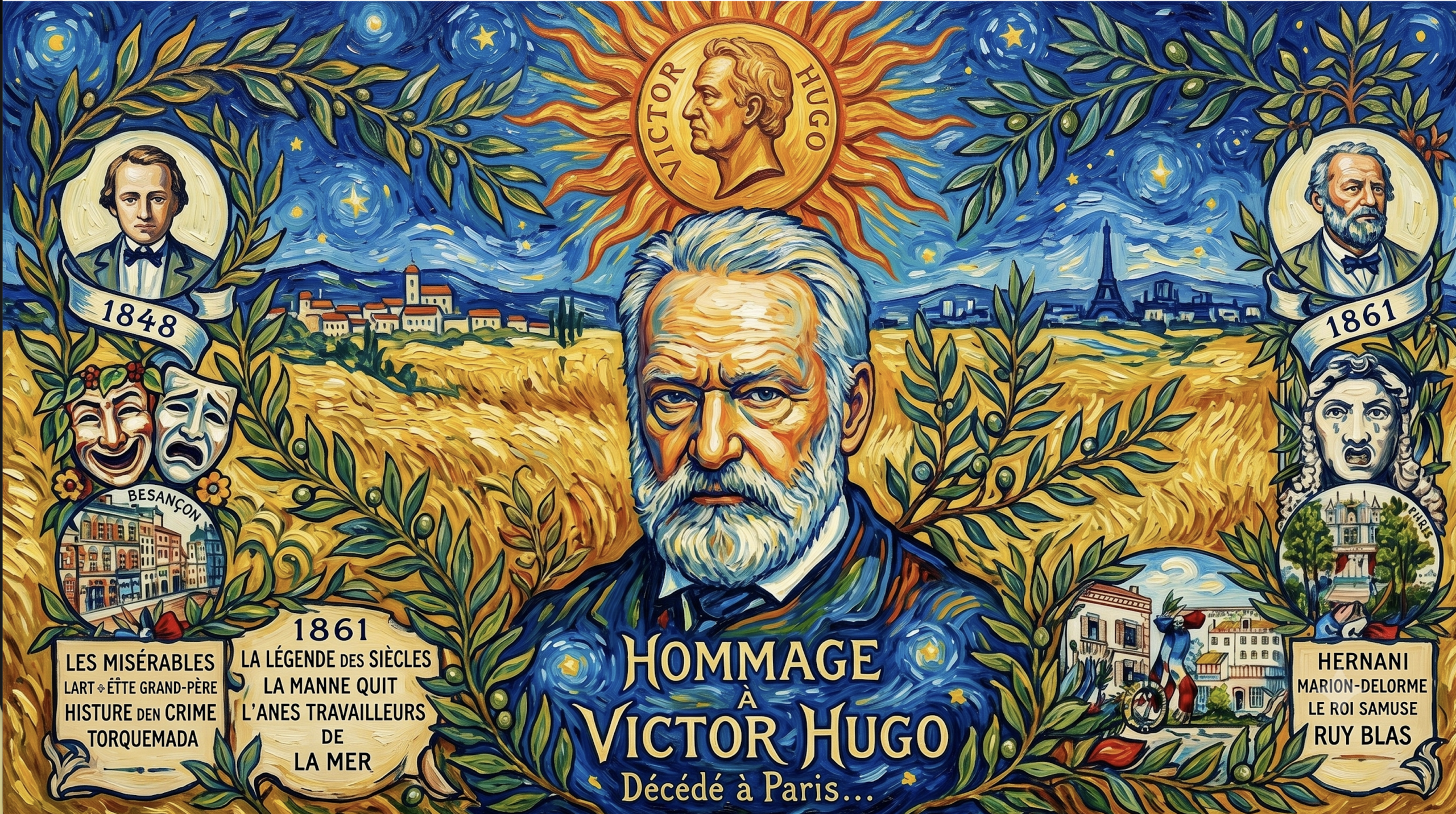 an Gogh'un post-empresyonist tarzında, kalın fırça darbeleri ve canlı renklerle yeniden yorumlanmış yatay Victor Hugo anma afişi. Merkezde Victor Hugo portresi, arka planda sarı buğday tarlaları ve dönen girdaplı mavi gökyüzü, yanlarda ise yazarın hayatından tarihler ve eserlerinin isimlerini içeren dekoratif madalyonlar yer alıyor.
