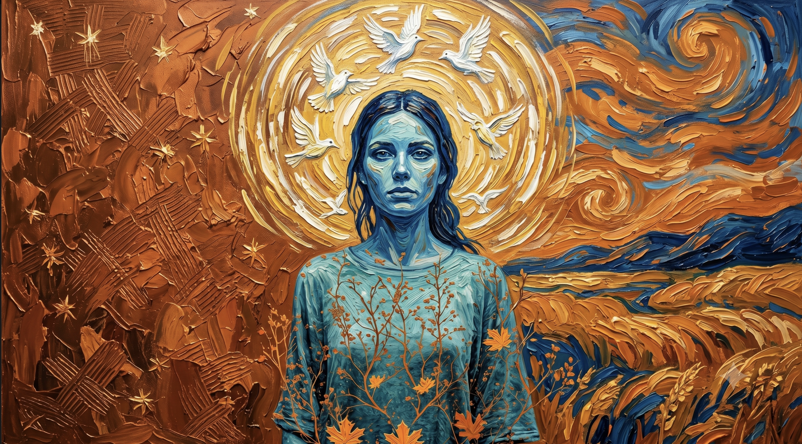 "Vincent van Gogh'un post-empresyonist tarzında, kalın ve dalgalı fırça darbeleriyle yapılmış, yatay formatta bir yağlı boya tablo. Merkezde, mavi tonlarında resmedilmiş, hüzünlü ve asil ifadeli genç bir kadın yer alıyor. Başının arkasında, hareli sarı-beyaz bir ışık çemberi (hale) içinde uçan beyaz güvercinler var. Arka planda sol taraf kahverengi ve turuncu kalın fırça darbelerinden oluşurken, sağ taraf van Gogh'un Yıldızlı Gece tablosunu andıran mavi ve sarı girdaplı bir gökyüzü ile altın sarısı bir ekin tarlasını gösteriyor. Kadının önünde ise turuncu sonbahar yaprakları ve kuru dallar yükseliyor."