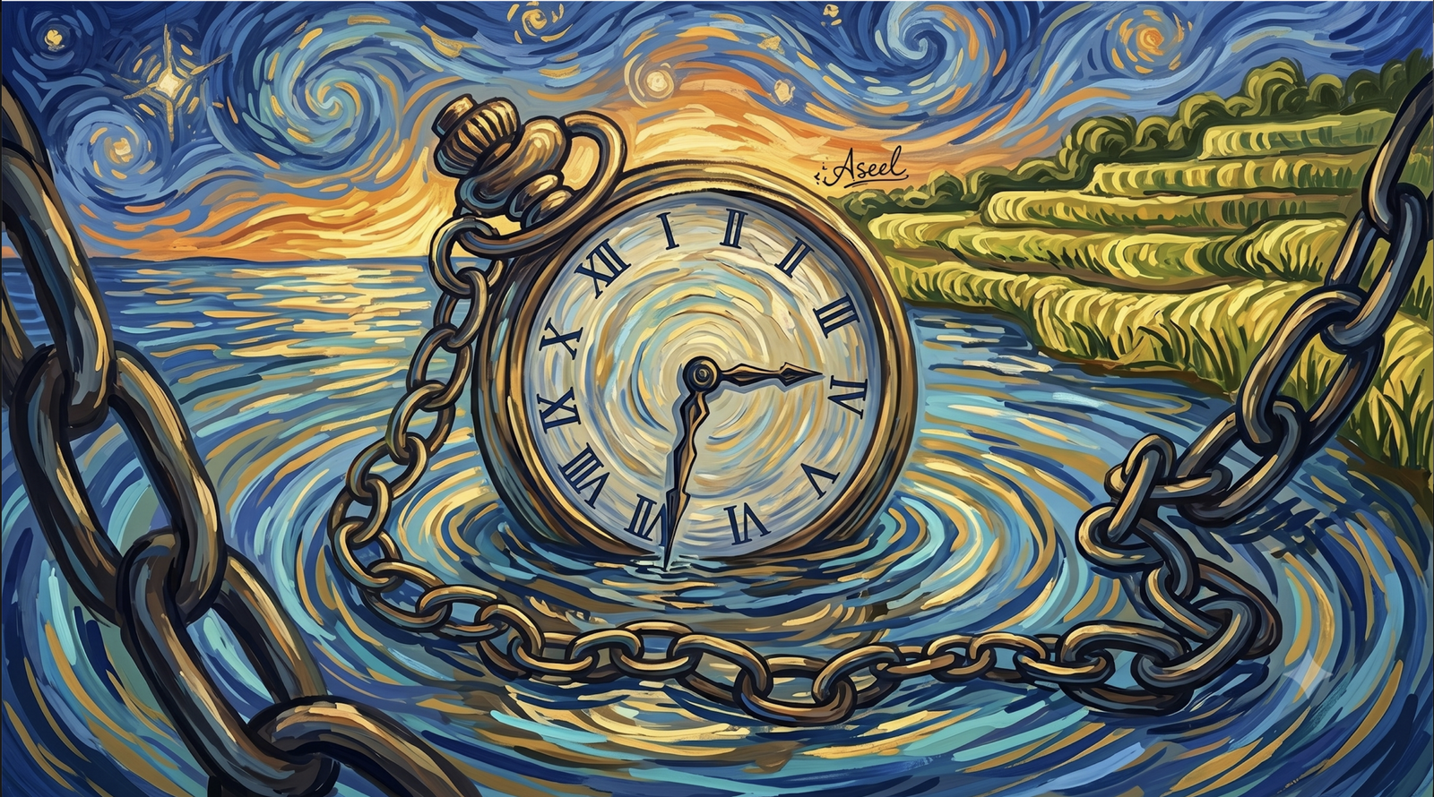 u içinde duran, zincirli, Roma rakamlı antika bir cep saatinin Van Gogh Yıldızlı Gece tarzında yapılmış horizontal yağlı boya illüstrasyonu.