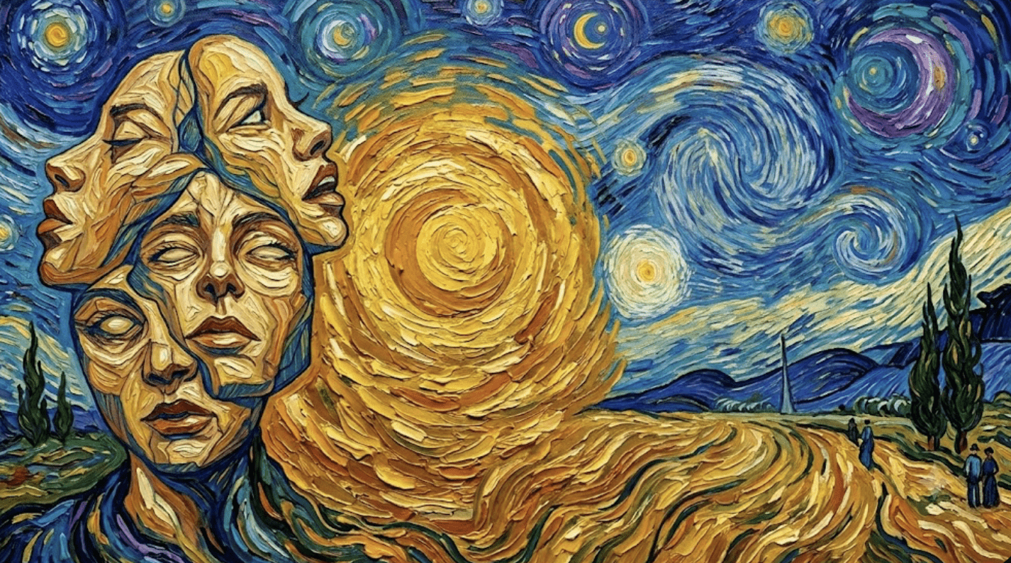 Vincent van Gogh'un post-empresyonist stilinde, kalın fırça darbeleriyle (impasto) yapılmış yatay bir yağlı boya tablo. Sol tarafta, birbiriyle iç içe geçmiş, parçalanmış ve üst üste yığılmış ekspresif insan yüzleri yer almaktadır. Kompozisyonun merkezinde spiral hareketlerle dönen büyük, parlak sarı bir güneş motifi baskındır. Arka planda ise "Yıldızlı Gece" eserini andıran, girdaplı mavi ve mor tonlarında gökyüzü, yıldızlar, hilal, sağ tarafta uzun selvi ağaçları ve patikada yürüyen küçük insan figürleri tasvir edilmiştir.
