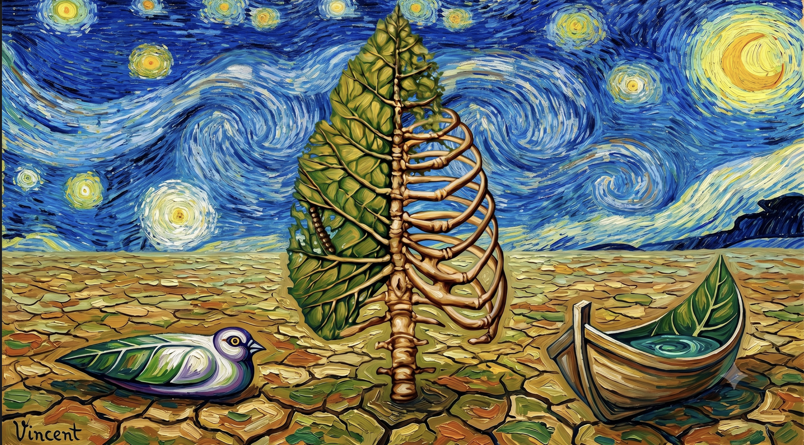 Çatlamış bir toprak üzerinde yükselen yarısı yaprak, yarısı insan iskeleti şeklindeki bir ağacı; önünde yaprak gövdeli bir kuş ve yaprak motifli bir tekneyle gösteren, Van Gogh'un "Yıldızlı Gece" üslubundaki kalın fırça darbelerine ve dönen mavi-sarı bir gökyüzüne sahip yatay tablo.