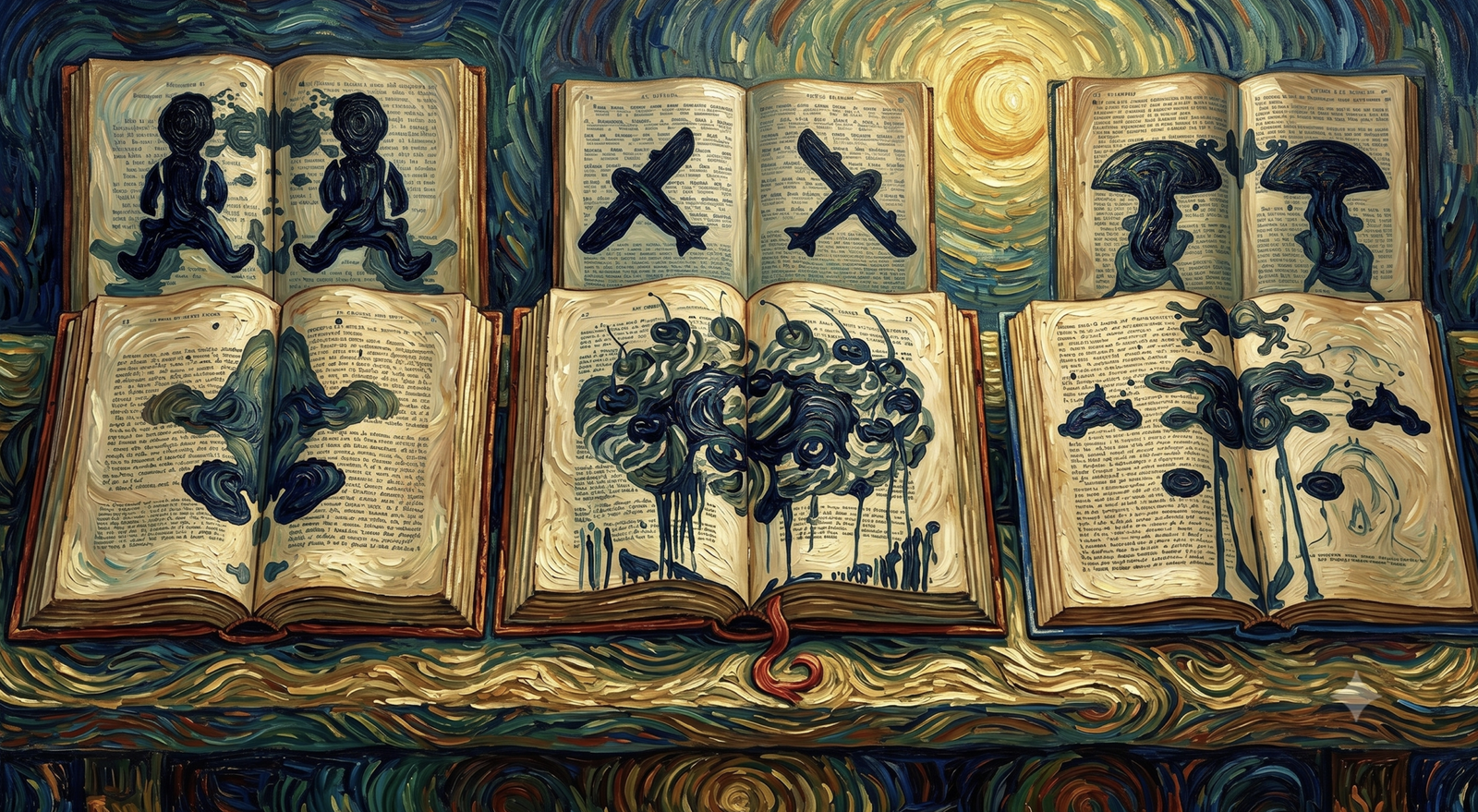 Vincent van Gogh'un post-izlenimci tarzında, kalın ve dalgalı fırça darbeleriyle çizilmiş yatay bir sanat görseli. Arka planda dönen yıldızlı gökyüzü ve parlak bir ay figürü altında, üzerlerinde siyah mürekkeple yapılmış Rorschach benzeri test lekeleri, insan, uçak ve bitki figürleri bulunan açık eski kitaplar bir masa üzerinde yan yana sergileniyor.
