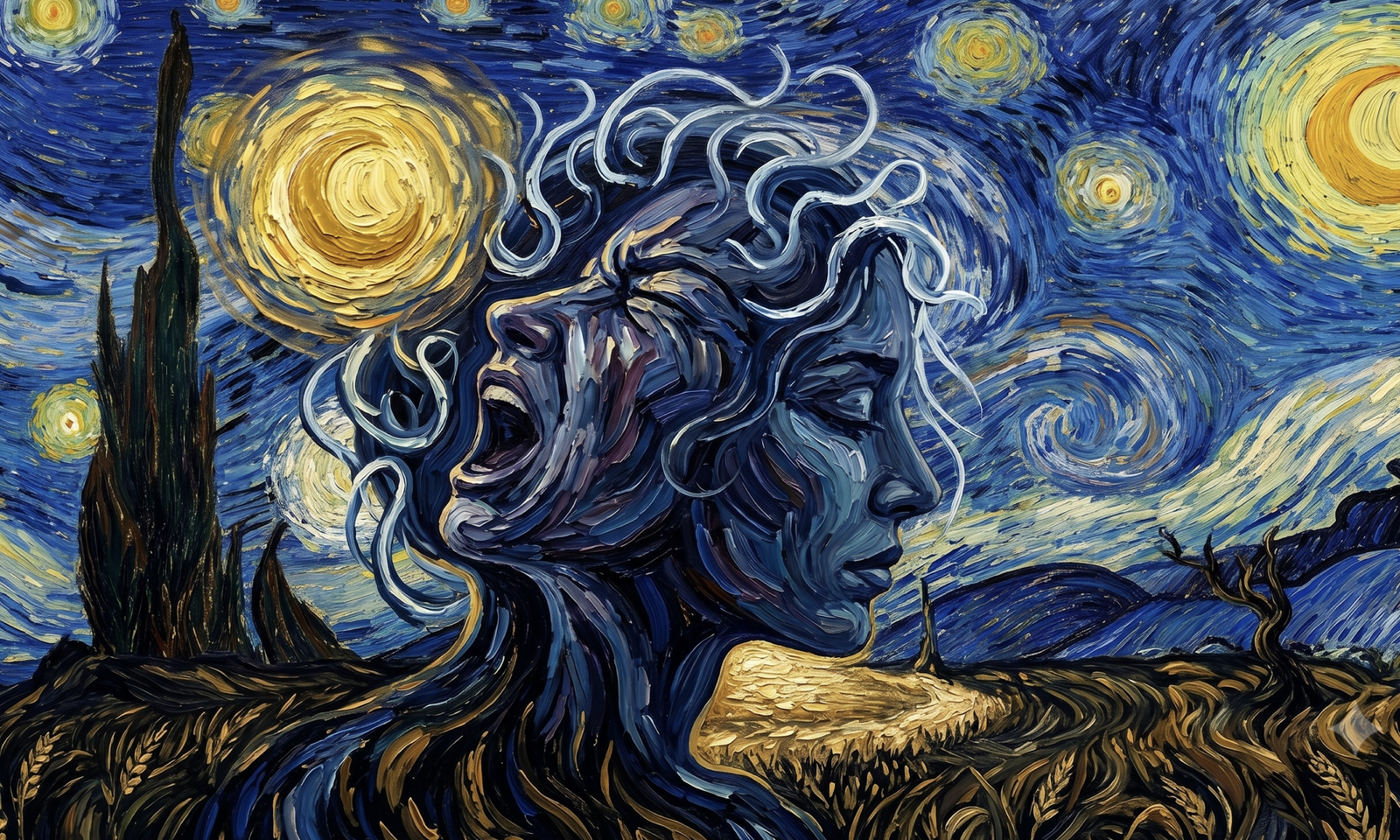 Van Gogh tarzında, buğday tarlası üzerinde çığlık atan ve düşünen iki yüz figürünün yer aldığı sürrealist yağlı boya tablo.