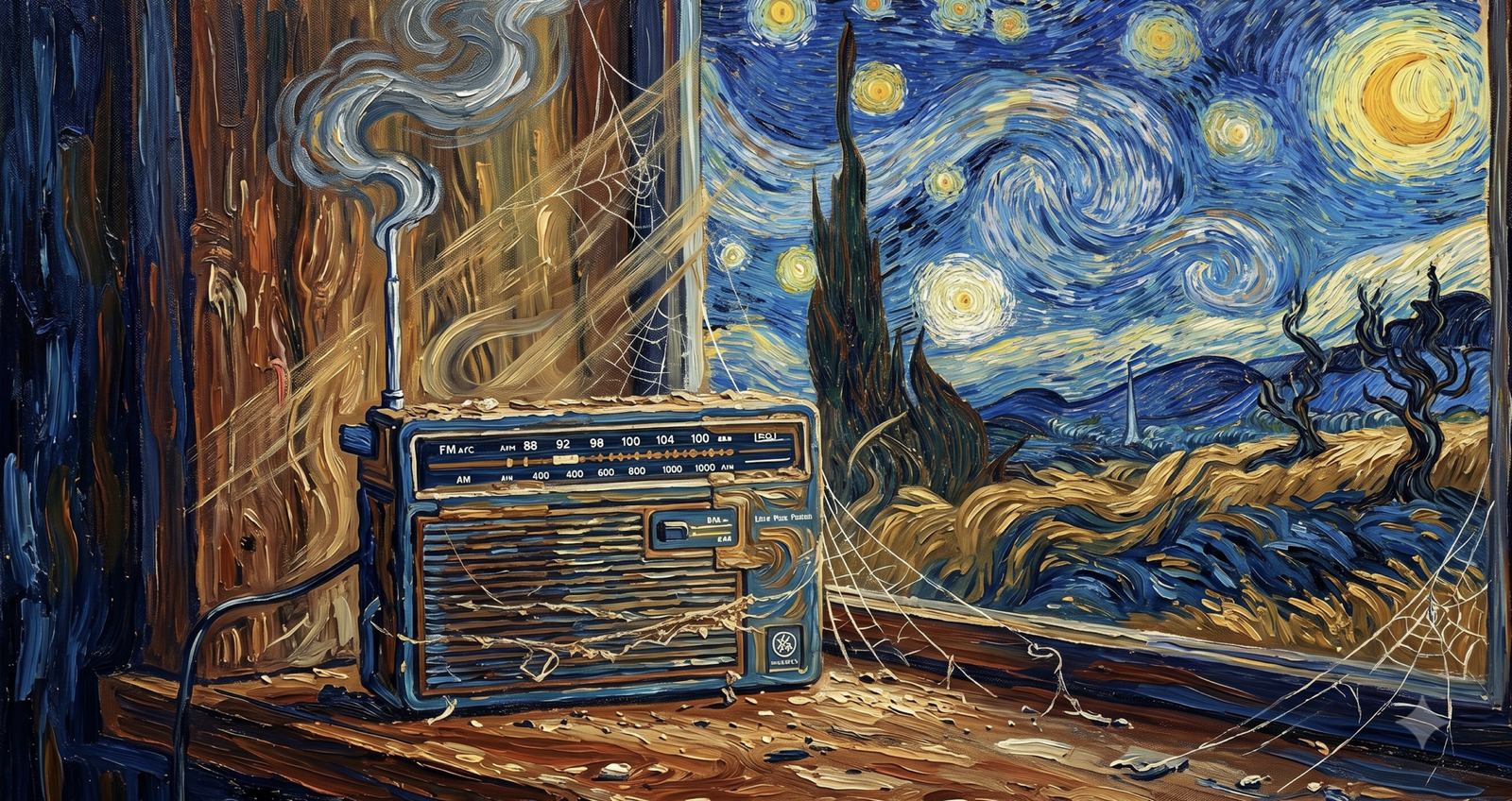 Açık bir pencere pervazında duran, üzerinde toz ve örümcek ağları bulunan, van Gogh tarzında çizilmiş eski bir transistörlü radyo.