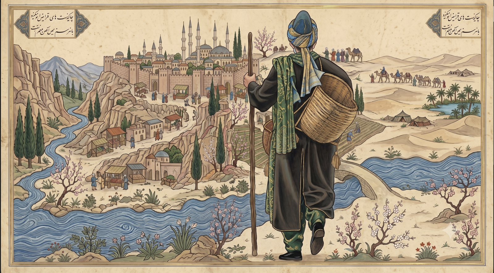Geleneksel Osmanlı minyatürü tarzında çizilmiş, arka planda bir cami, şehir surları, nehir ve kervan figürlerinin yer aldığı bir manzara içinde, elinde asasıyla sırtında büyük bir küfe taşıyarak yürüyen sarıklı ve cübbeli bir dervişin/yolcunun arkadan görünüşü.