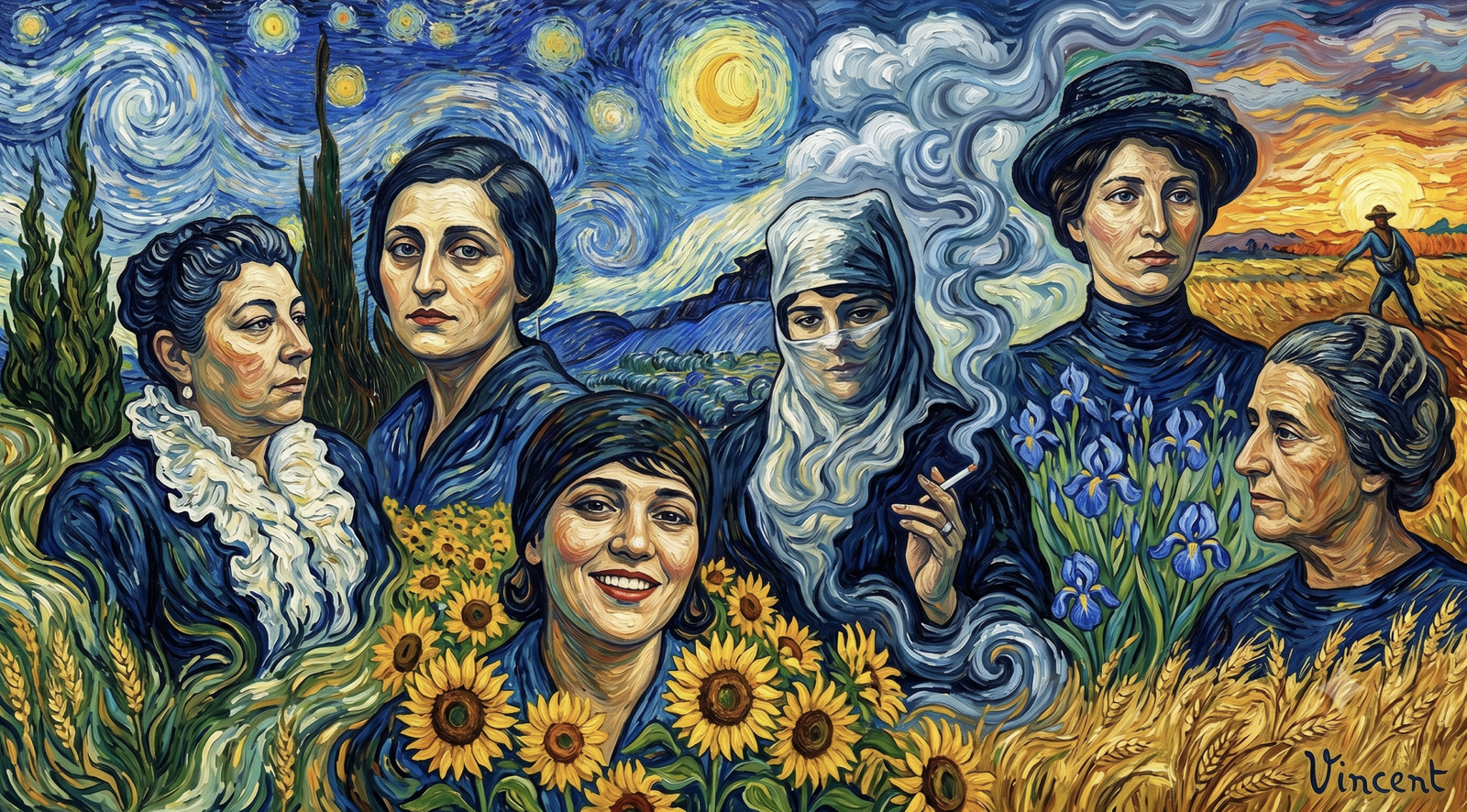 Vincent van Gogh’un "Yıldızlı Gece" ve "Ayçiçekleri" eserlerinin üslubuyla, siyah-beyaz karakalem tarzında çizilmiş, Türk edebiyatının öncü kadın yazarlarının (Halide Edib, Adalet Ağaoğlu, Sevgi Soysal, Tezer Özlü, Latife Tekin ve Fatma Aliye) portrelerinden oluşan yatay bir kolaj çalışması.