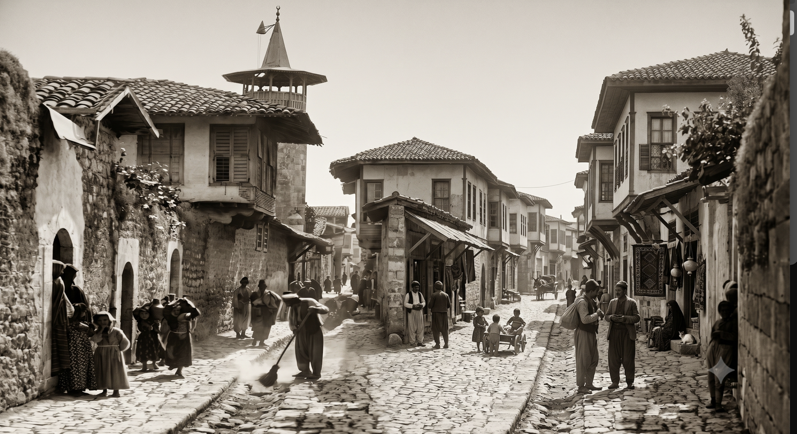 Arka planda tarihi bir minarenin, her iki yanda taş ve ahşap evlerin yer aldığı, üzerinde geleneksel kıyafetli insanların ve sokak süpüren bir adamın bulunduğu eski bir Antakya sokağının sepya tonlarında geniş açılı görünümü.