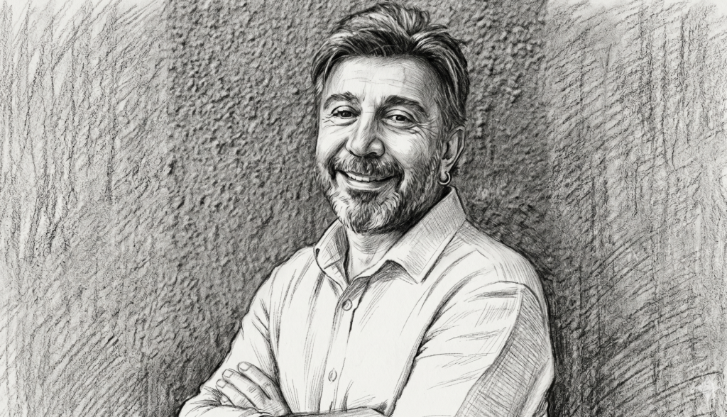 Kollarını kavuşturmuş, hafifçe gülümseyen, kır saçlı ve sakallı yetişkin bir erkeğin yatay formatta hazırlanmış sanatsal kara kalem portresi.