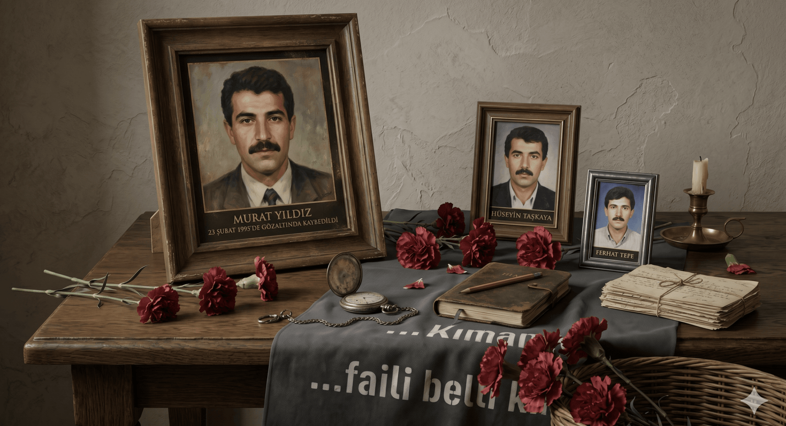 Masanın üzerinde duran üç farklı çerçevedeki portre fotoğrafları, kırmızı karanfiller, cep saati, not defteri, kalem, mektup destesi ve "faili belli" yazılı pankart ile Cumartesi Anneleri’nin mücadelesini anlatan natürmort kompozisyon.