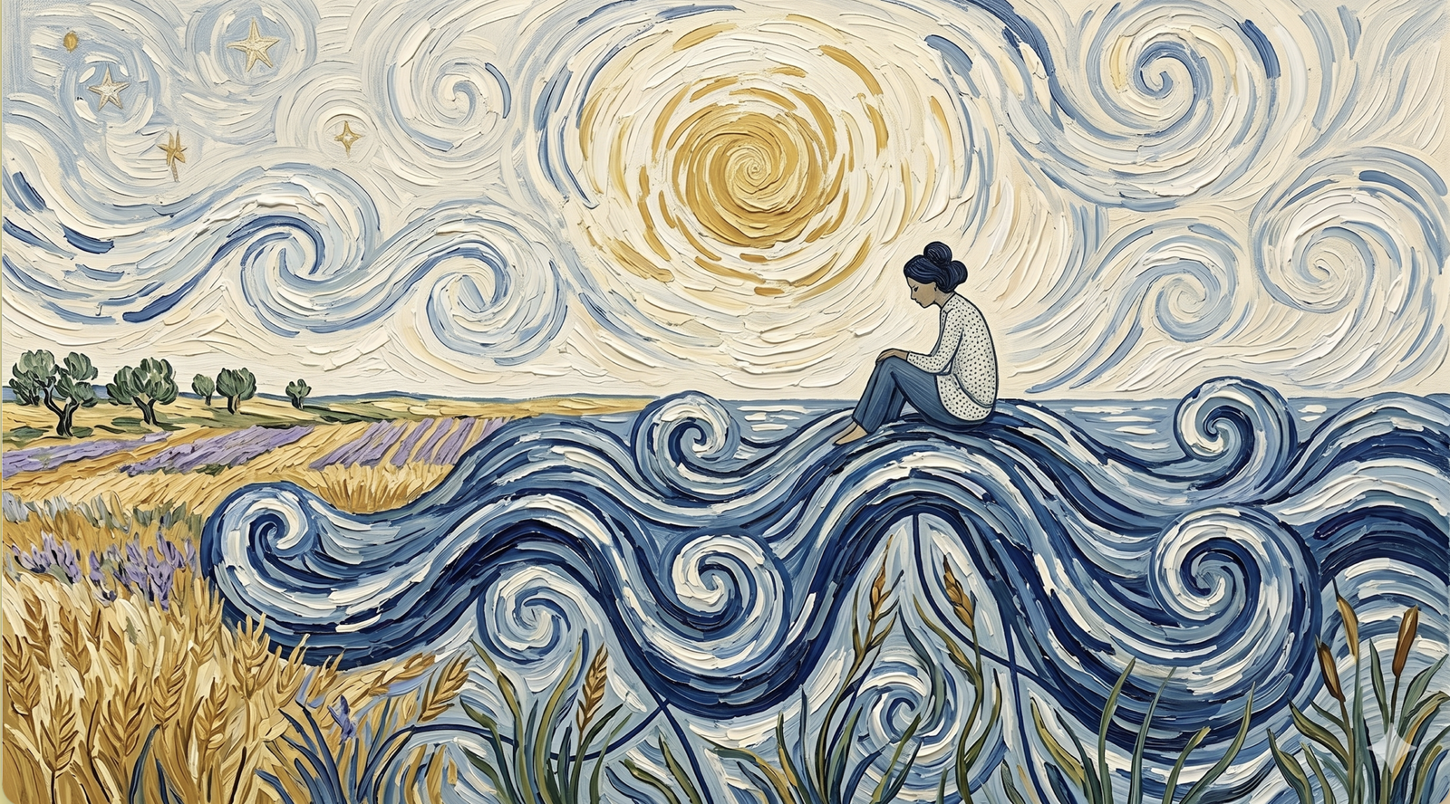 Vincent van Gogh tarzında kalın ve kıvrımlı fırça darbeleriyle çizilmiş yatay bir tablo. Resmin sağ tarafında, girdaplı mavi dalgaların üzerinde oturmuş, düşünceli bir şekilde aşağı bakan hırkalı ve topuz saçlı bir kadın figürü yer alıyor. Arka planda dönen beyaz bulutlar, parıldayan sarı bir güneş ve yıldızlar var. Sol tarafta ise sarı başak tarlaları, lavanta kümeleri ve zeytin ağaçları uzanıyor.