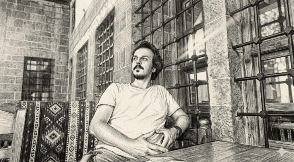 Taş binalı, demir parmaklıklı pencereleri olan tarihi bir mekanda oturan, beyaz tişörtlü ve sakallı bir adamın yatay formatta hazırlanmış detaylı kara kalem portre çizimi.