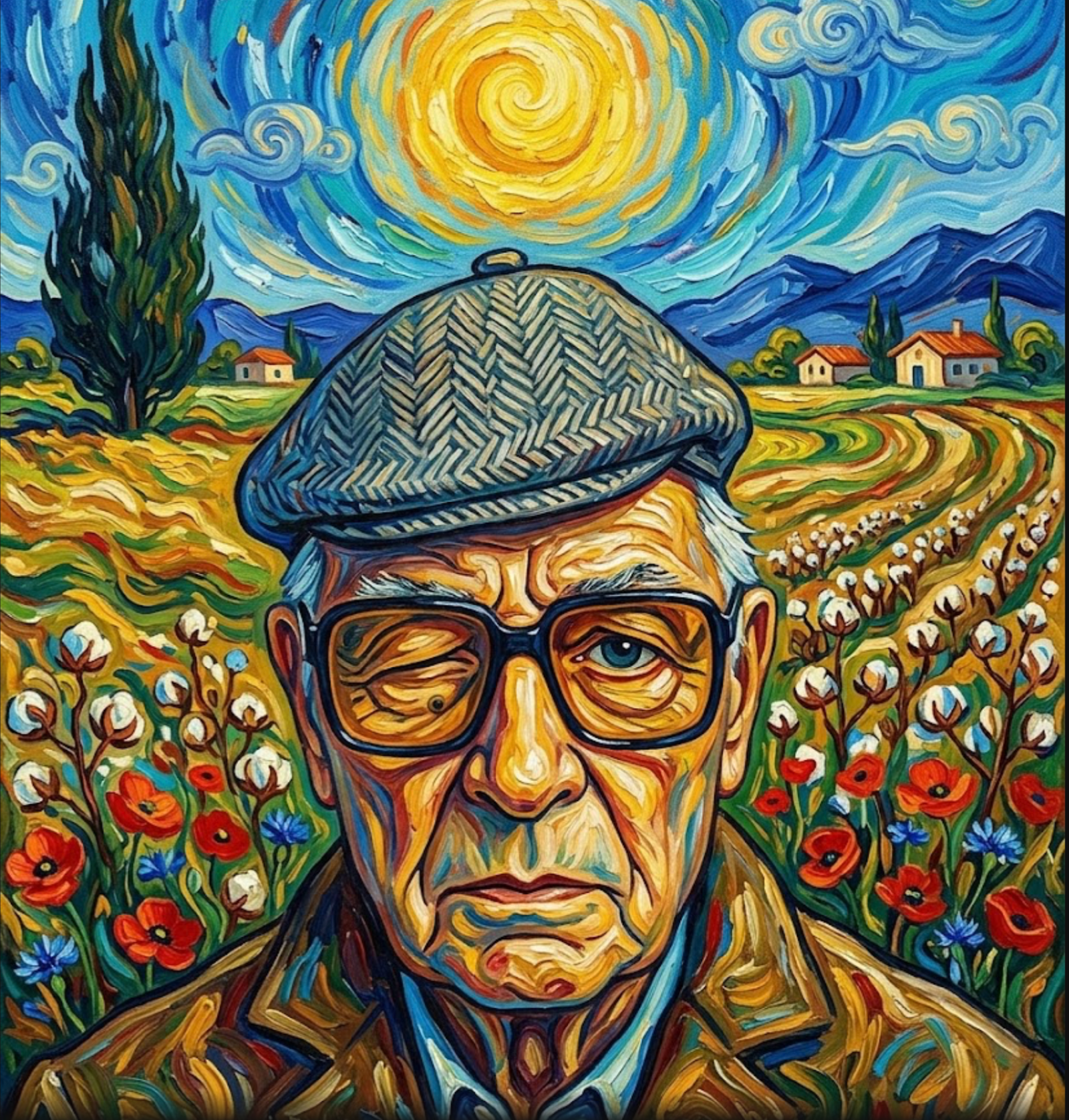 "Ünlü yazar Yaşar Kemal'in, Vincent van Gogh'un post-empresyonist resim tarzında yapılmış canlı renkli bir portresi. Arka planda parlak, spiral şeklinde dönen sarı bir güneş, gökyüzünde dalgalı mavi fırça darbeleri, pamuk kozaları ve kırmızı gelinciklerle dolu Çukurova tarlaları ile selviler yer alıyor."