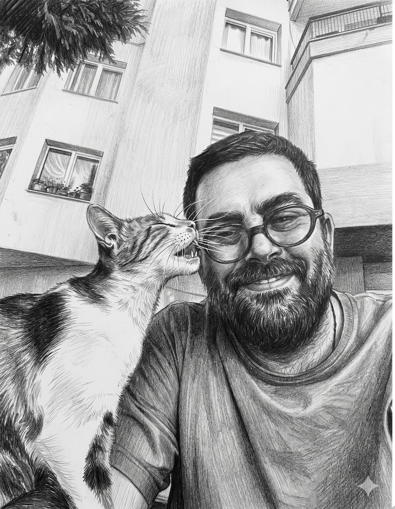 Beyaz kürk kapüşonlu örgü bir kazak giyen, uzun koyu saçlı genç bir kadının siyah-beyaz kara kalem portre çizimi. Sağ eliyle saçını düzeltiyor ve doğrudan kameraya bakıyor. Arka planda yumuşak, bulanık gölgeleme var.