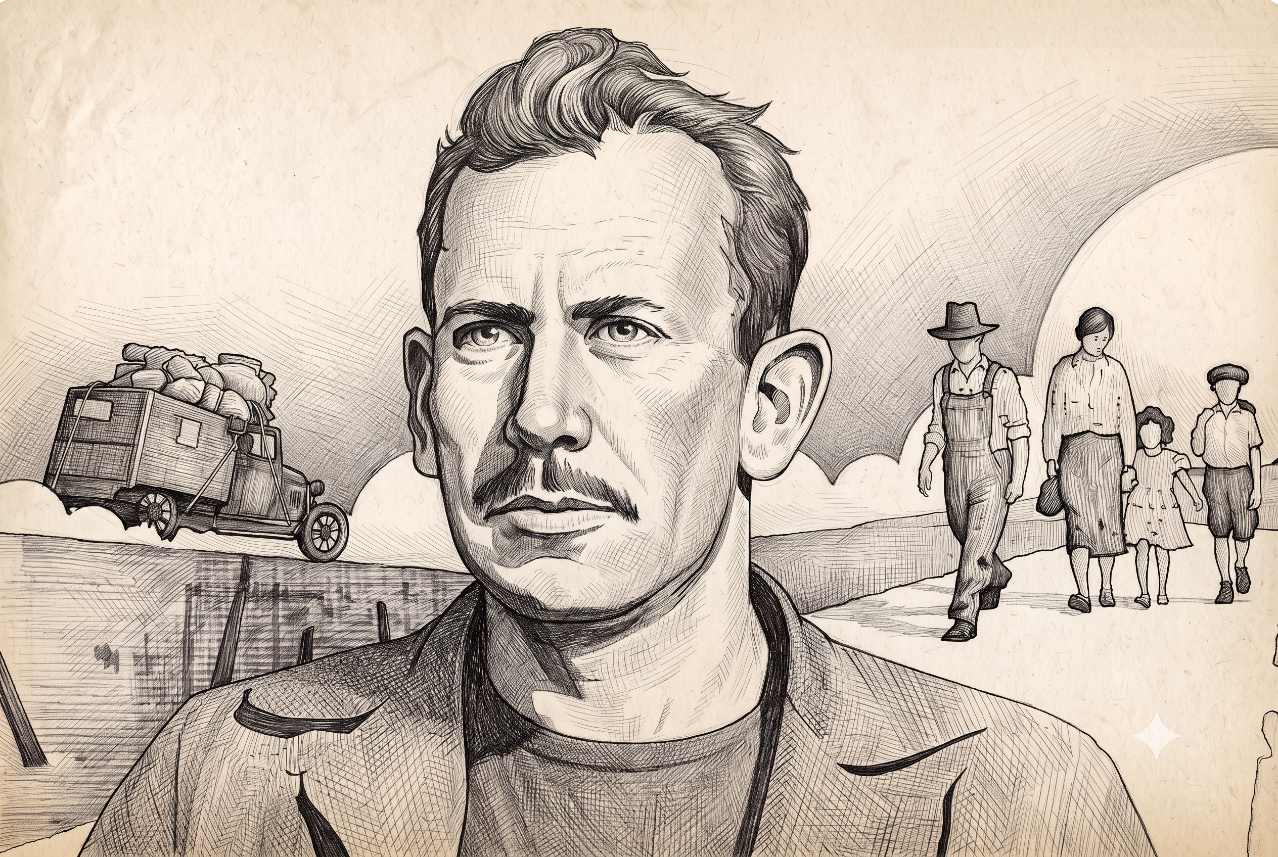 John Steinbeck Portresi ve Gazap Üzümleri Temalı Çizim