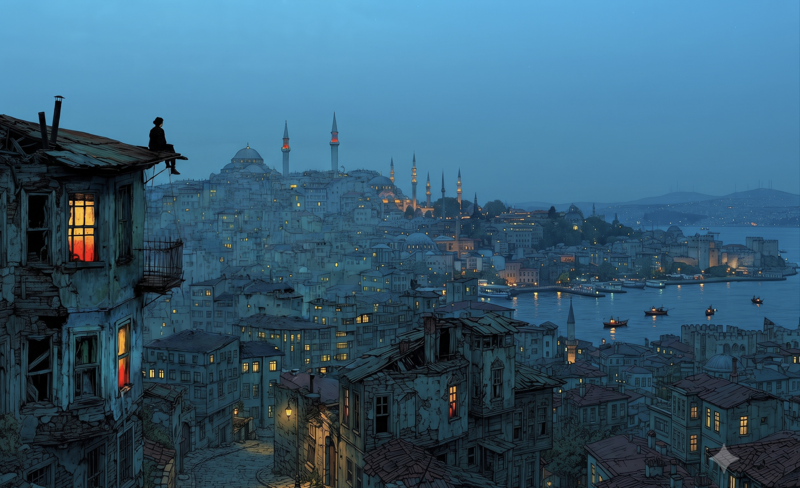 lternatif Metin (Alt Text) İstanbul'un tarihi silüetine karşı, Tarlabaşı veya Balat tarzı eski, ahşap ve kagir evlerin bulunduğu dar, Arnavut kaldırımlı bir sokakta gün batımının son anları yaşanıyor. Mavi alacakaranlık gökyüzünün altında, uzakta Süleymaniye Camii'ne benzeyen bir külliye ve sayısız minare görülüyor. Ön plandaki harap binanın çatısında, siluet halinde şapkalı bir figür oturuyor. Evlerin sıcak sarı ve kırmızı ışıklı pencereleri, mavi şehrin dokusuyla tezat oluşturuyor. Sağ tarafta, Haliç kıyısında sur kalıntıları ve denizde birkaç küçük balıkçı teknesi seçilebiliyor.