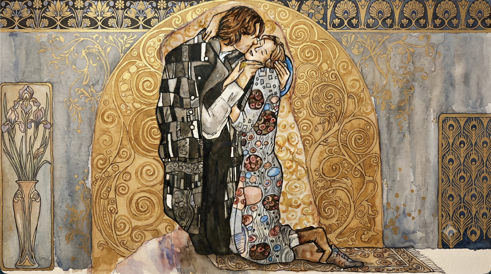 Gustav Klimt'in "Öpücük" tablosundan ilham alan ve sanatçının tarzını yansıtan sulu boya ve karışık teknikle yapılmış yatay bir illüstrasyon. Tabloda, karmaşık desenli pelerinler giymiş birbirine sarılıp öpüşen bir çift, arkalarında detaylı altın sarısı tonlarında süslemeler ve Art Nouveau tarzı motiflerle çevrili bir duvarda konumlanmıştır.