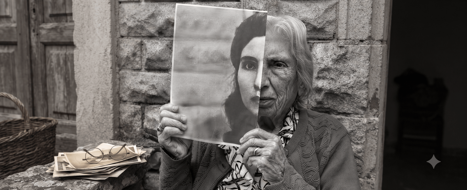 Yaşlı bir kadının elinde tuttuğu gençlik fotoğrafı ile kendi yaşlı yüzünü birleştirdiği siyah beyaz portre.