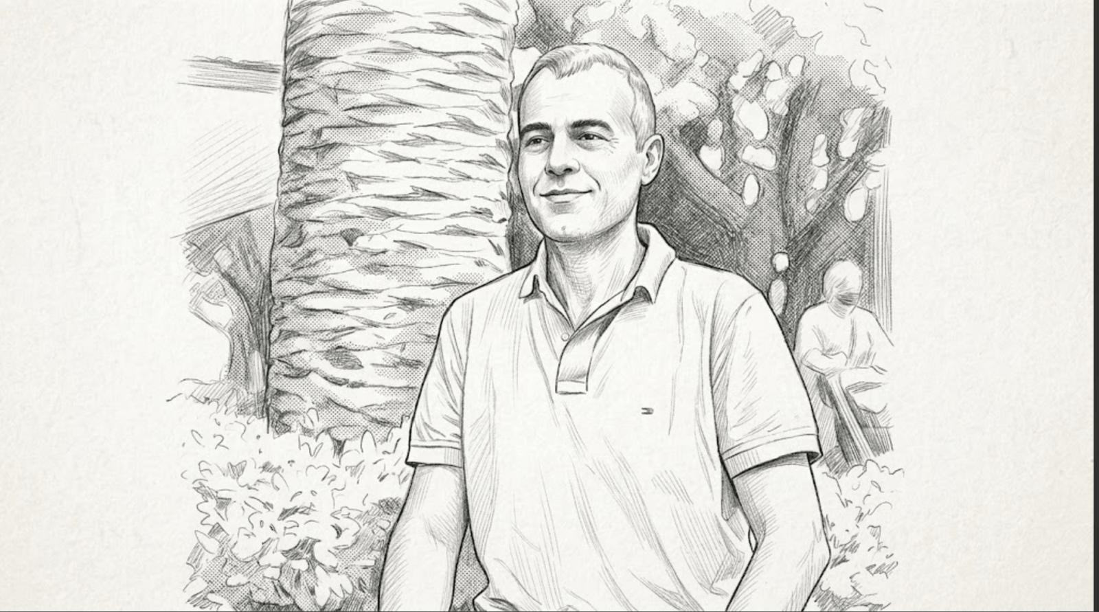 Hafifçe sağa bakan, kısa saçlı, polo yaka tişörtlü ve kot pantolonlu orta yaşlı bir adamın detaylı kara kalem çizimi. Arka planda palmiye ağacı gövdesi ve çalıların arasında oturan silik bir figür görülüyor.
