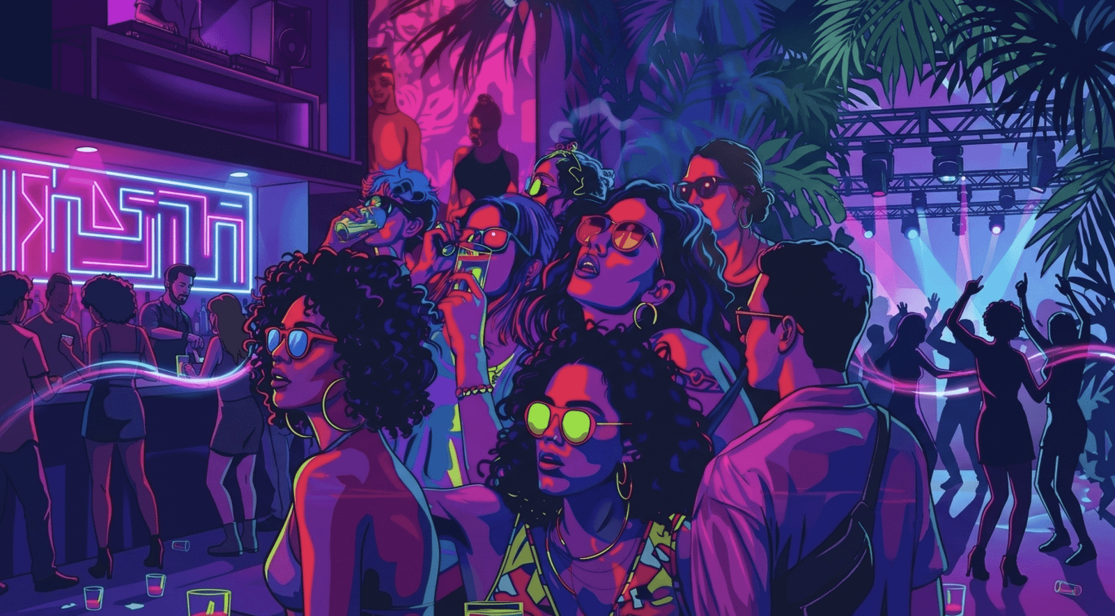 Canlı neon renklerde, mor ve pembe ışıklar altında kalabalık bir kulüp/bar ortamında dans eden ve eğlenen insanları gösteren yatay illüstrasyon.