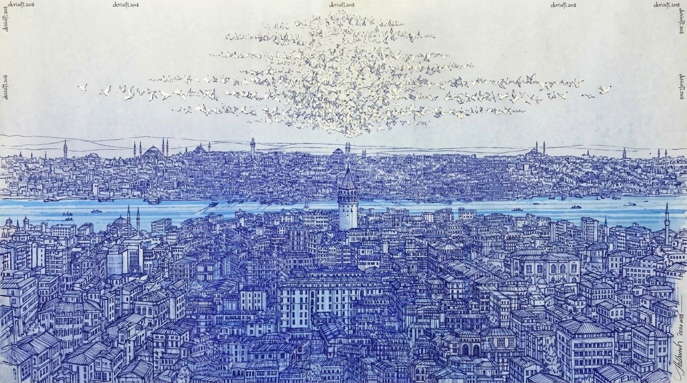 Galata Kulesi ve İstanbul Boğazı manzaralı, gökyüzünde kuş sürüsü bulunan mavi tonlarda illüstrasyon ve çizim eseri.