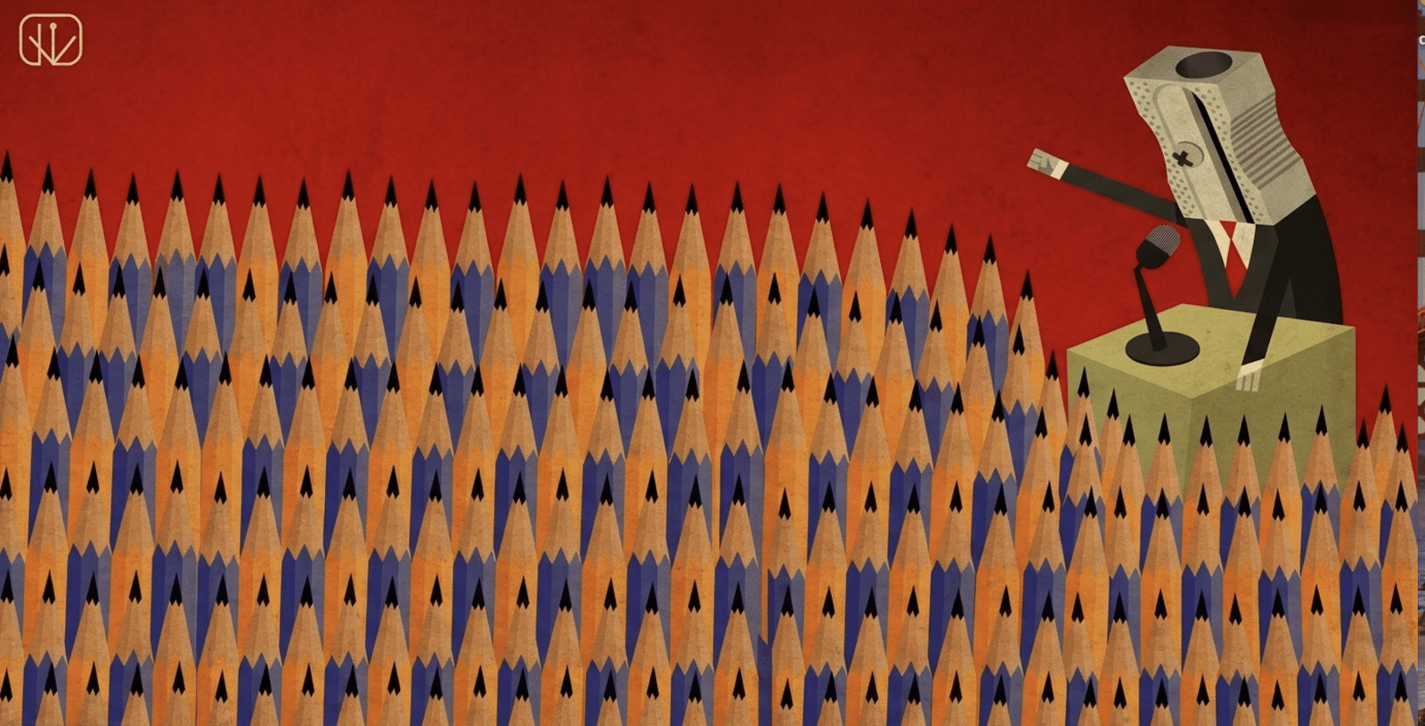 Kırmızı bir arka plan önünde, kalem tıraş başlı takım elbiseli bir konuşmacı kürsüden hitap ederken, karşısında kalabalık bir kurşun kalem topluluğu yer alıyor.