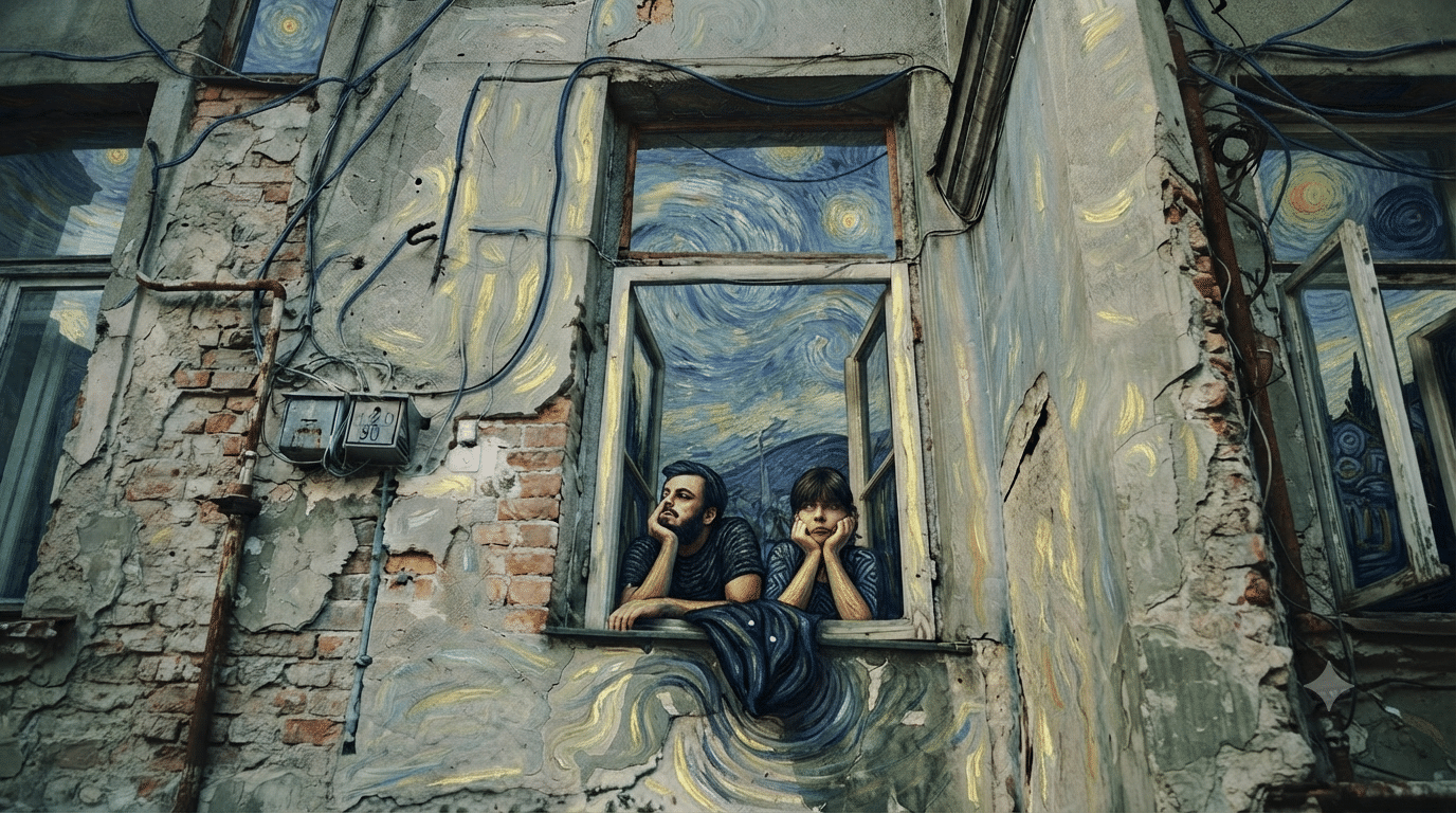 Harap olmuş, dokulu bir tuğla ve sıva binanın dış cephesinin geniş, yatay açılı bir fotoğrafı. Cepheye, Vincent van Gogh'un "Yıldızlı Gece" tablosunun canlı, girdaplı fırça darbeleri ve ikonik yıldızlarıyla dokunmuş, resmedilmiş bir duvar resmi yapılmıştır. Bu sanatsal duvar resmi, merkezdeki açık pencereye kadar uzanarak pencereden bakan sıkılmış bir adam ve kadını da çevrelemektedir. Çift, Van Gogh'un sanat eseriyle bütünleşmiş gibi görünmektedir, kıyafetleri ve hatta pencerenin önündeki sarkan kumaş parçası boyanmış fırça darbelerini yansıtmaktadır. Soldaki ve sağdaki daha uzaktaki diğer iki pencerinin camları da "Yıldızlı Gece" desenini göstermektedir.