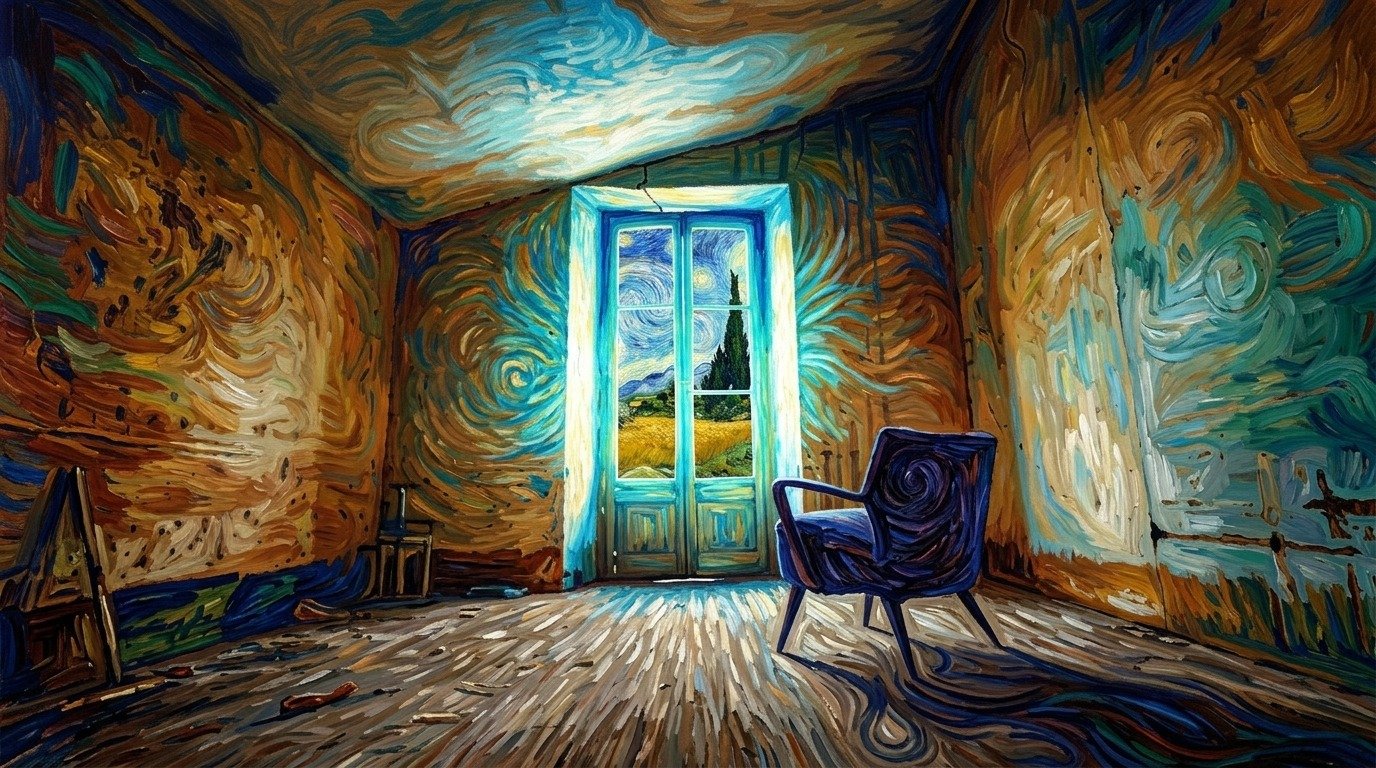 Vincent van Gogh'un post-empresyonist fırça darbeleriyle resmedilmiş, penceresinden sarı buğday tarlaları görünen kasvetli bir odada duran tekli koltuk çizimi.